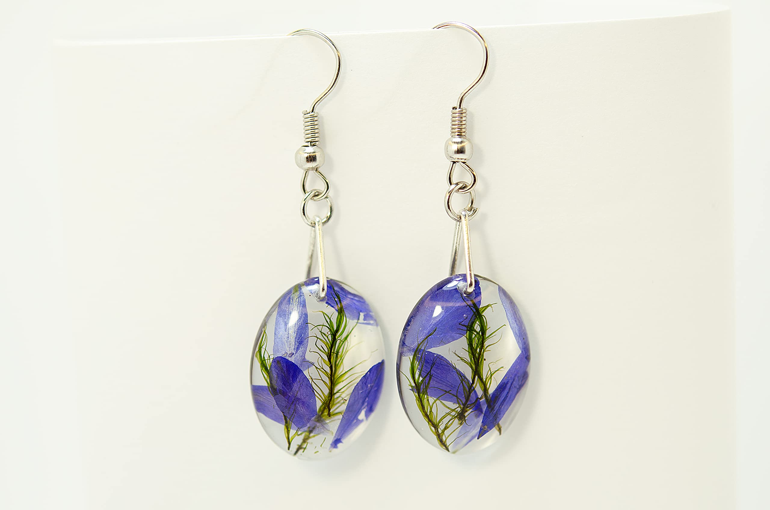 Handmade Resin Earrings with Blue Larkspur & Natural Moss - Pressed Real Flower Jewelry for Women - Boho Floral Dangle Earrings for Weddings, Parties & Everyday Wear