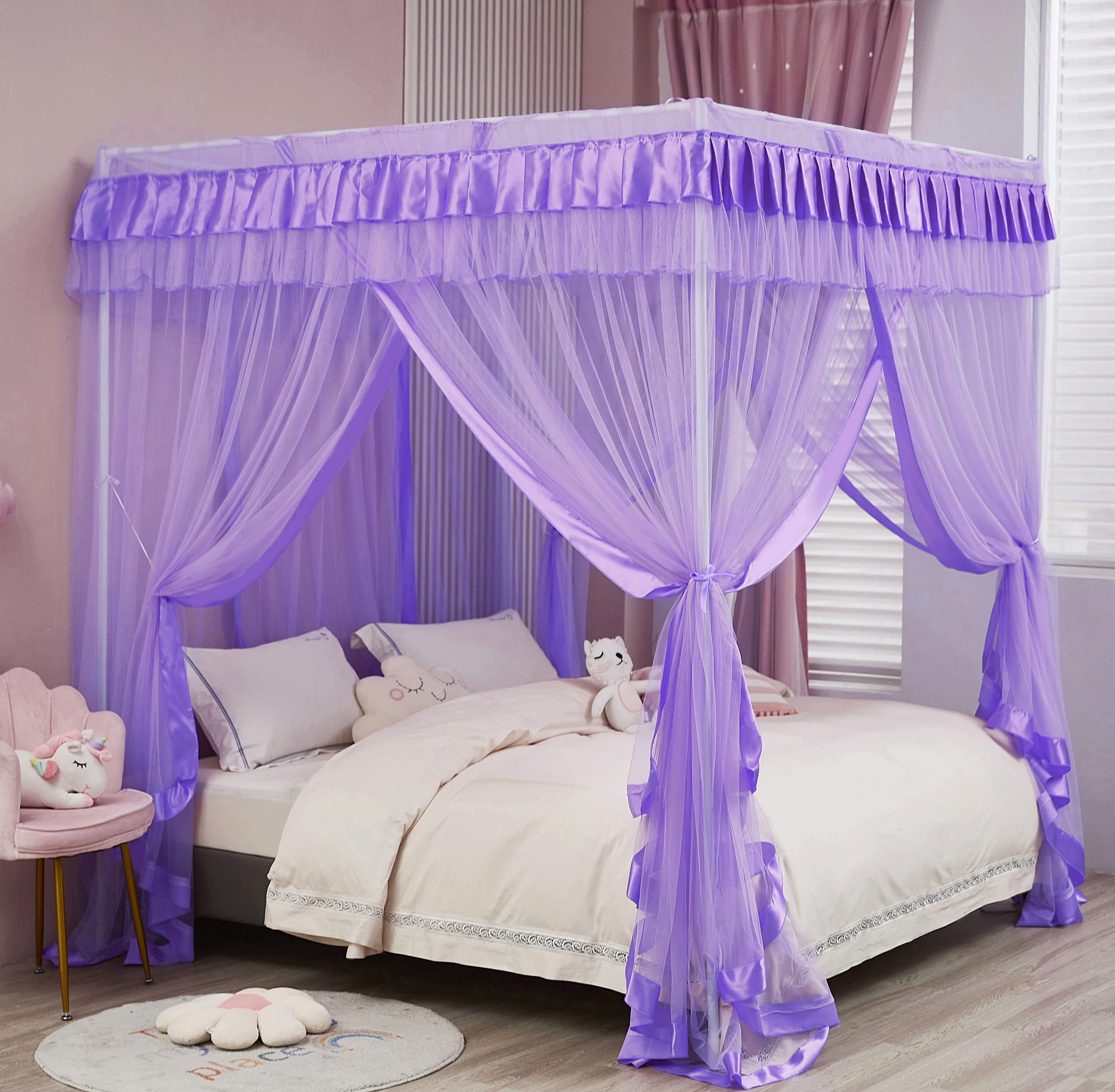 Mengersi Full Size Canopy Bed Curtains for Kids - Purple Princess Bed Drapes, Boys Girls Bedroom Decor, Dreamy Canopy for Daytime Naps & Fantasy Play