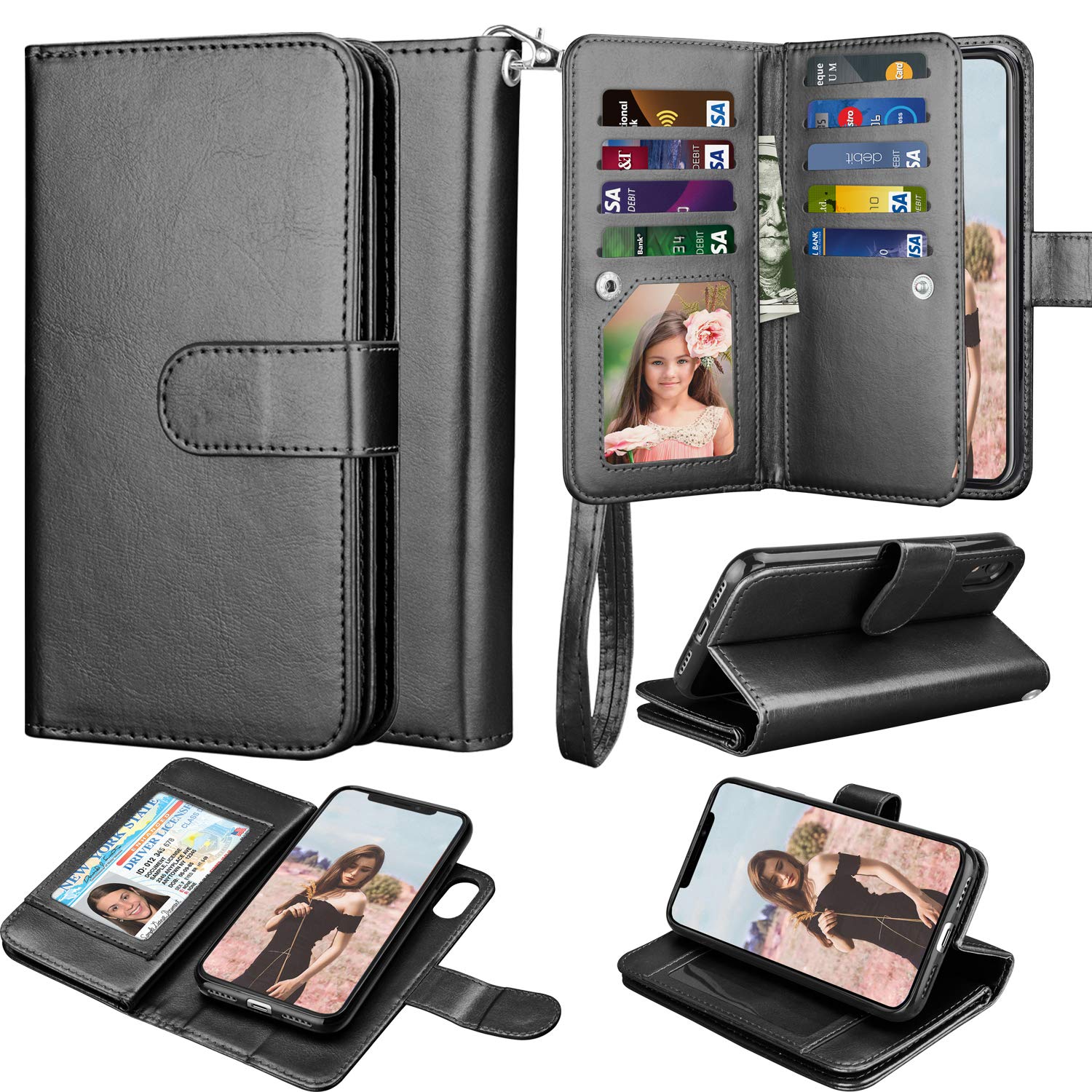 Premium Leather Wallet Case for iPhone XR - Magnetic Detachable Folio with ID/Credit Card Slots, Kickstand & Carrying Strap | Perfect for Work, Travel & Everyday Use (Black)