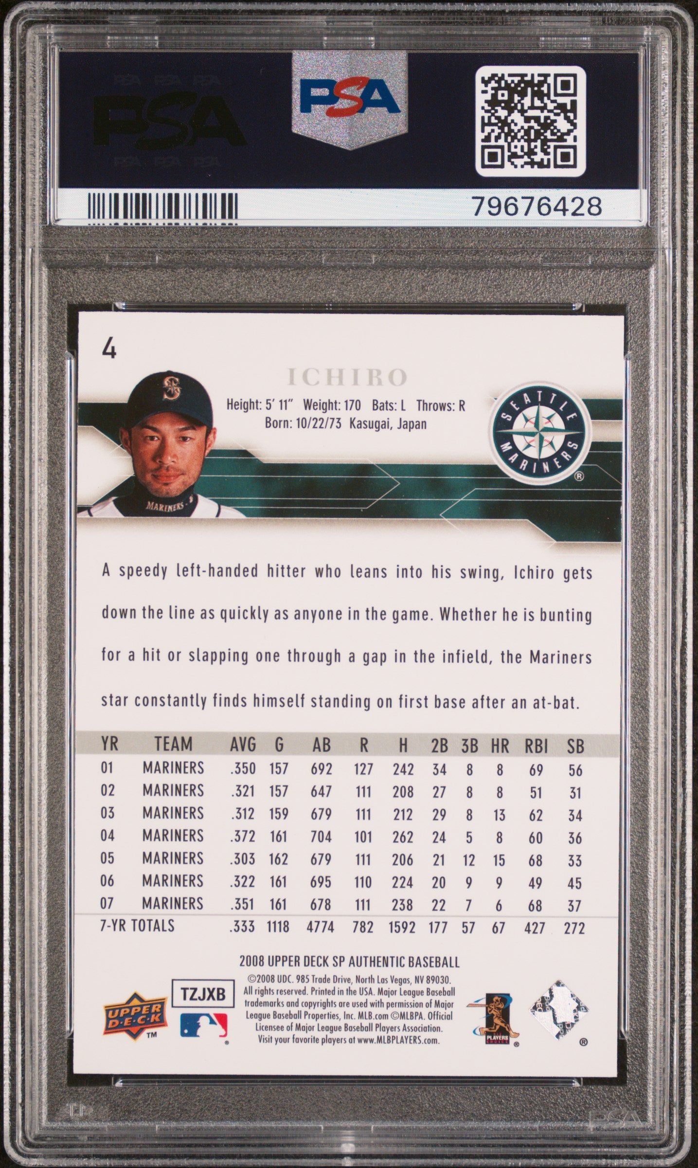 2008 SP Authentic Ichiro Suzuki #4 PSA 10 Gem Mint Baseball Card - Perfect for Collectors & Sports Memorabilia Enthusiasts