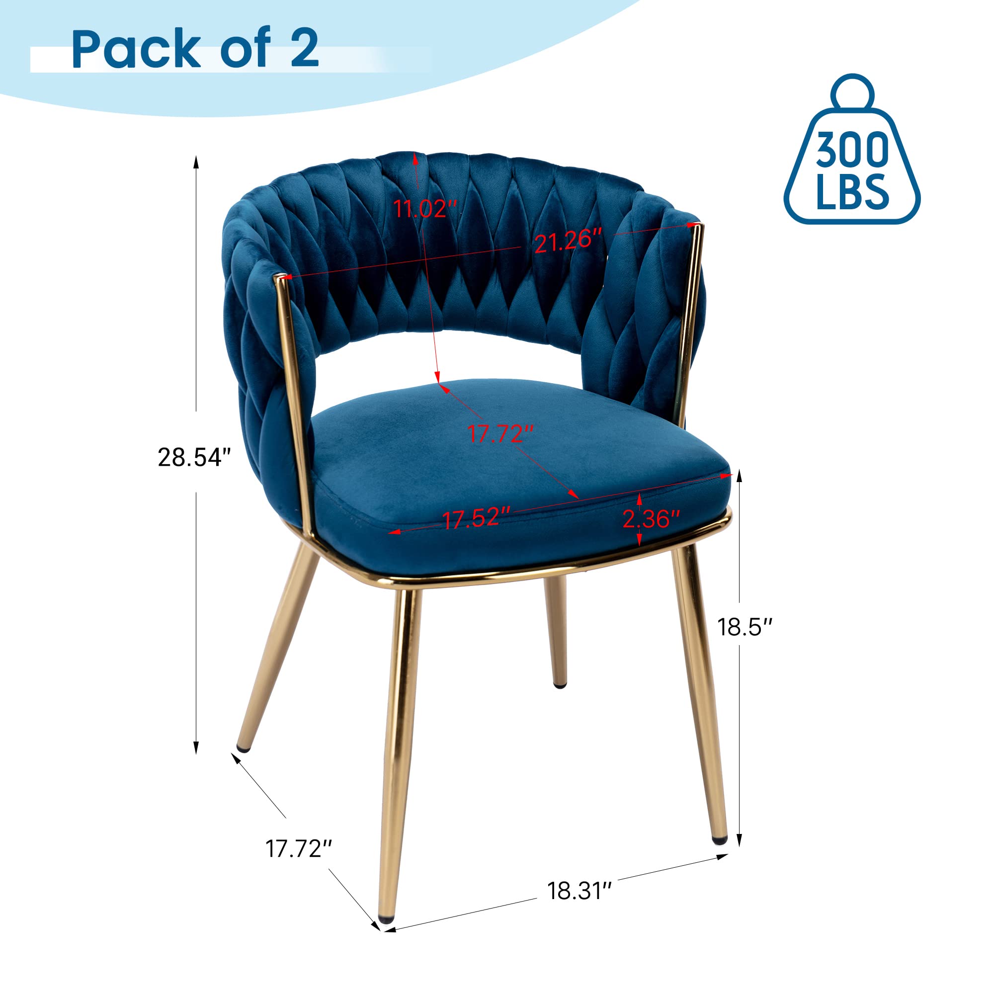 KCC Modern Velvet Dining Chairs Set of 2 - Blue Upholstered Living Room Chairs with Woven Back & Gold Metal Legs, Mid-Century Accent Side Chairs for Dining Room, Kitchen, Office or Lounge - Perfect for Entertaining Guests or Cozy Family Meals