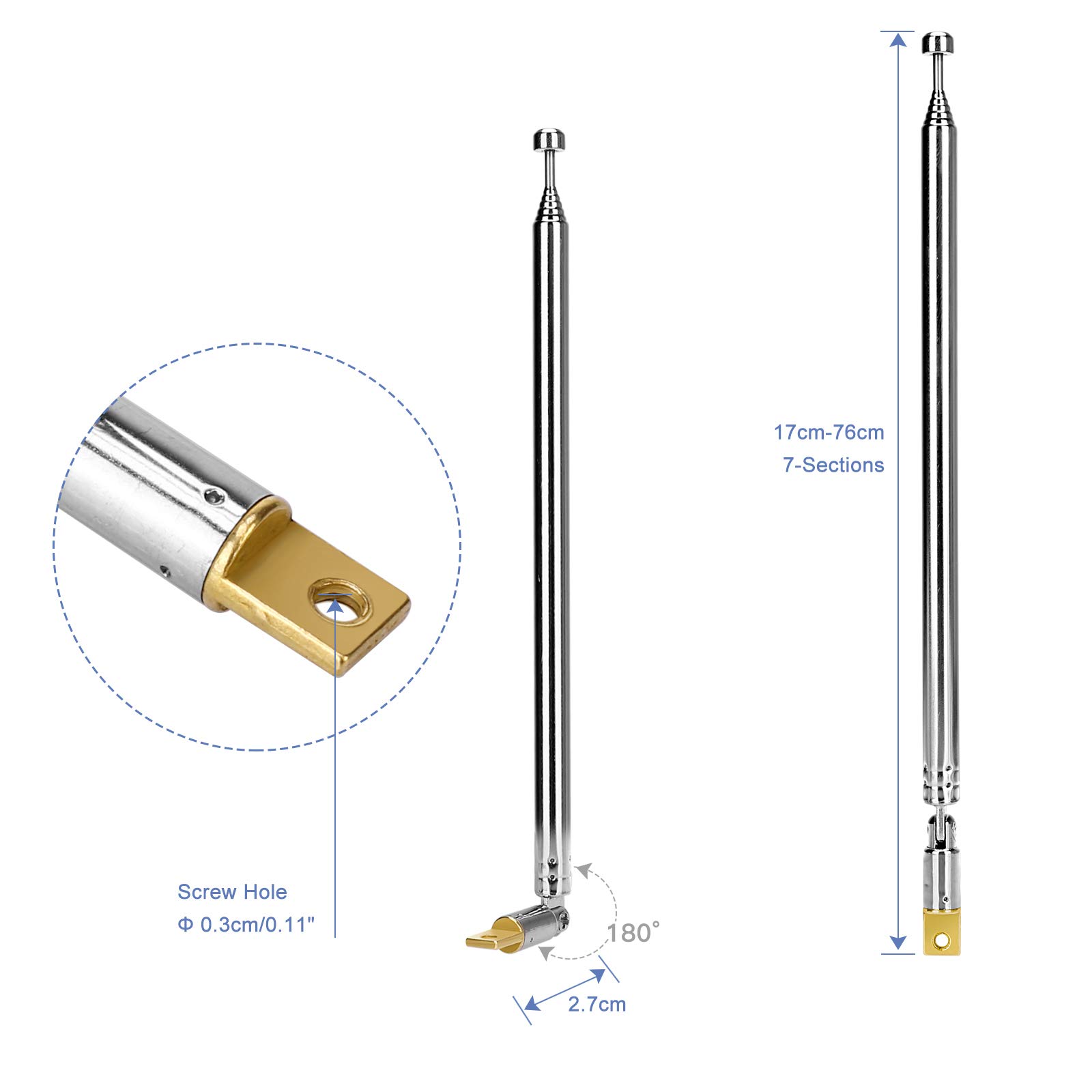 ENUODA 7-Section Telescopic FM Radio Antenna 17cm-76cm Adjustable Replacement for Portable Radios, Home Stereo Receivers, AV Systems & TV Tuners (2 Pack) - Perfect for Home Theater, Car Audio & Emergency Radio Use