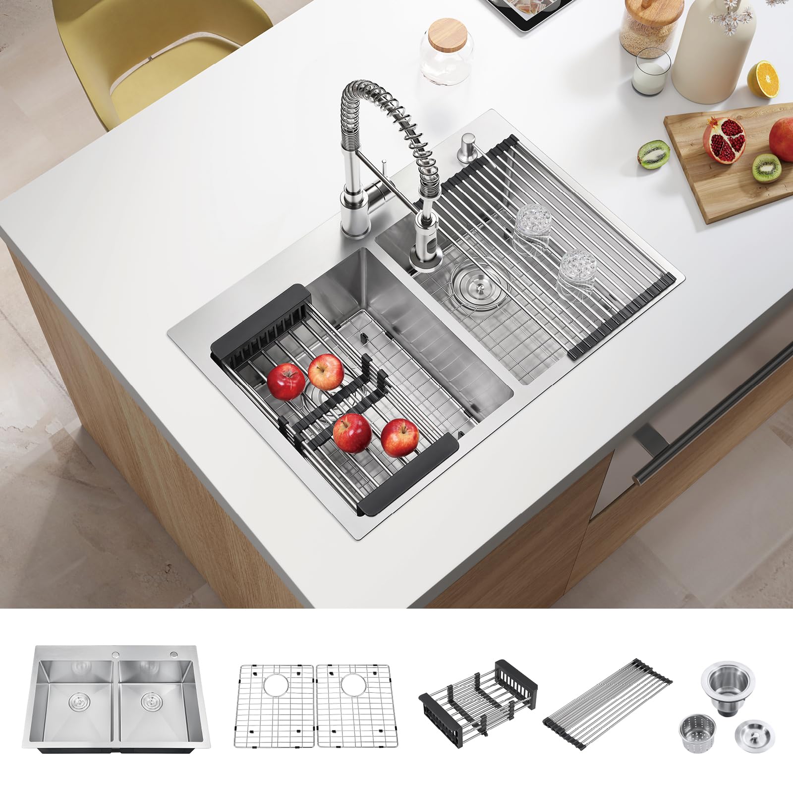 33 Inch Large Double Bowl Drop-in Kitchen Sink - Nano Coated Stainless Steel Handmade Topmount Sink for Modern Kitchens | Perfect for Meal Prep & Dishwashing