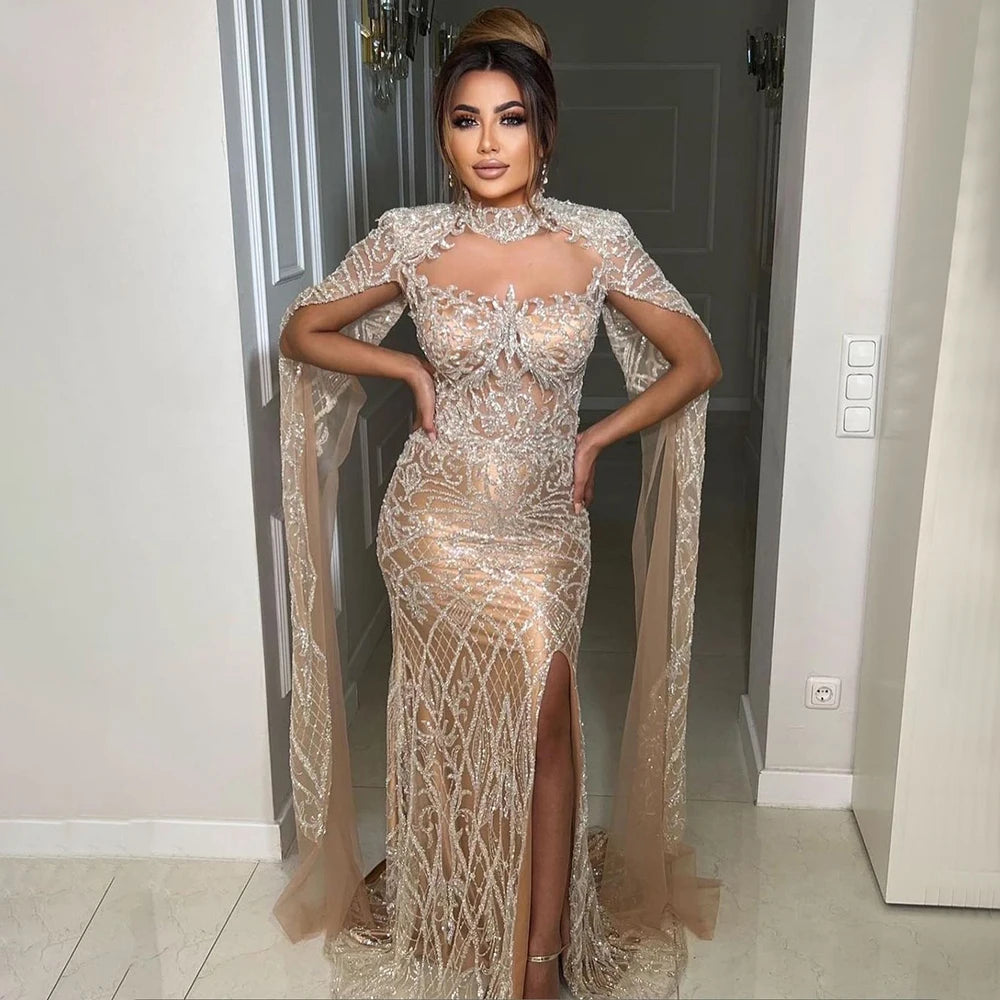 Elegant Beaded Mermaid Evening Gown with High Collar & Cape Sleeves - Luxury Women's Party Dress for Prom, Gala & Formal Events - Serene Hill Collection 2025