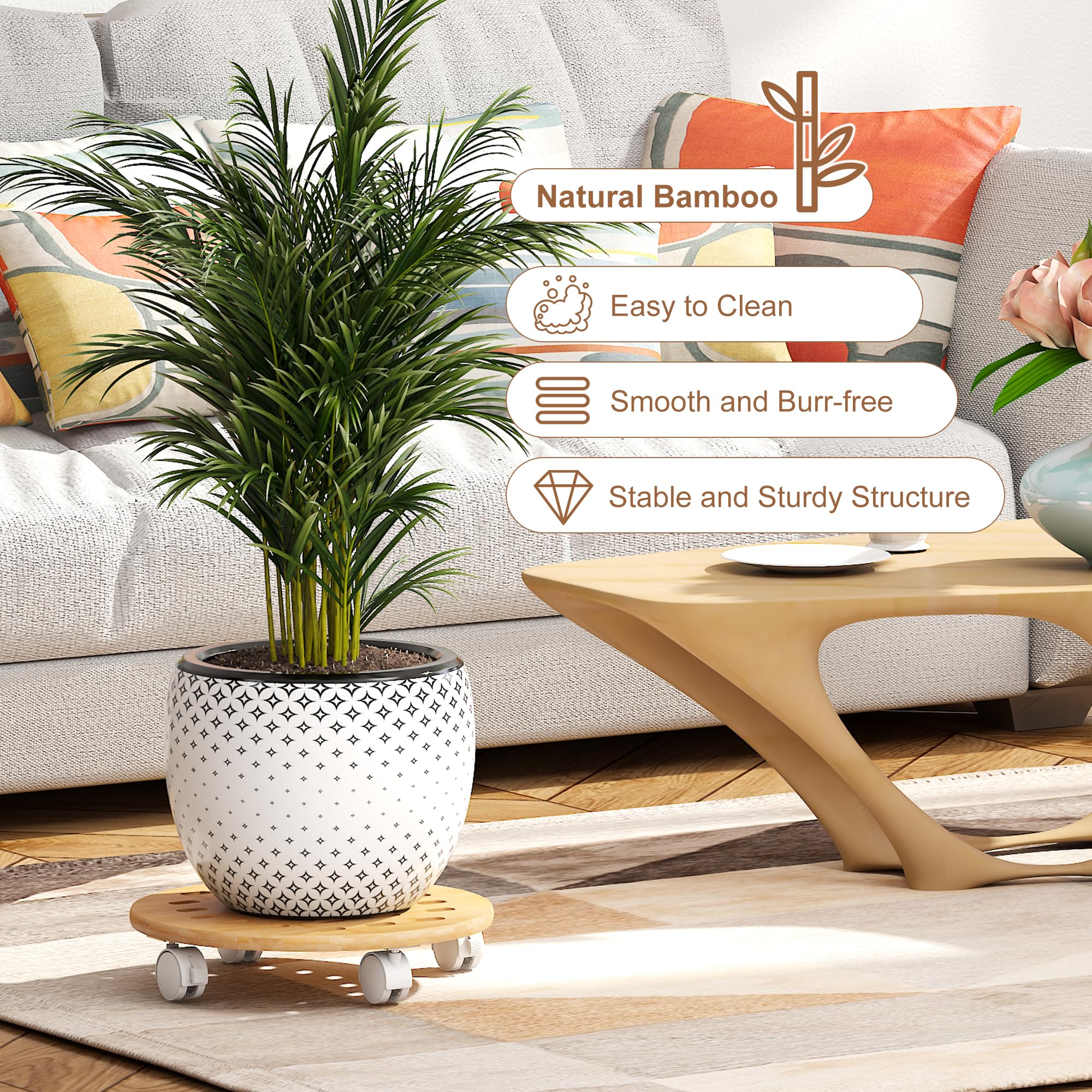 FILWH 13 Inch Bamboo Plant Caddy with 360° Lockable Wheels - 2 Pack Indoor/Outdoor Plant Stand with Pulley System - Natural Corner Display Shelf for Home Decor, Garden, Office & Patio