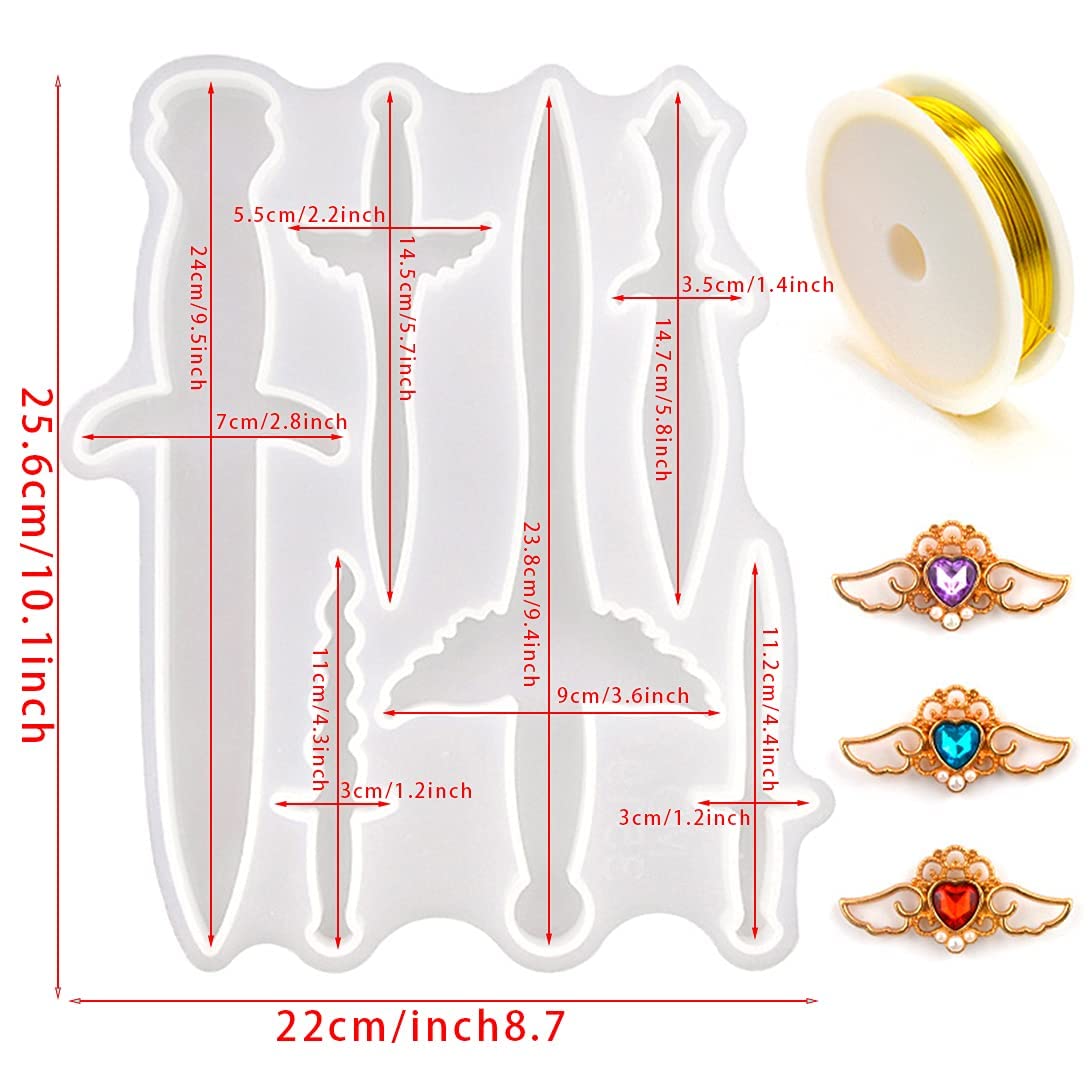 Epoxy Resin Dagger Molds - 6-Piece Silicone Jewelry Casting Set with Golden Craft Wire for Keychains, Cosplay, Theater Costumes & Home Decor | DIY Craft Supplies for Resin Art Projects