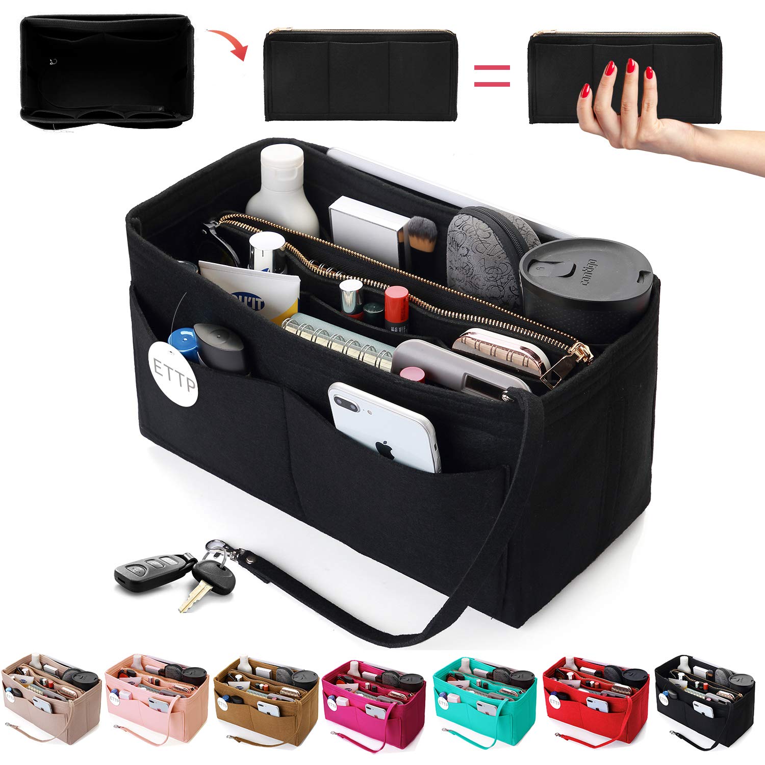 Premium Felt Purse Organizer Insert with Metal Zipper - Handbag Organizer for Speedy, Neverfull & Tote Bags (7 Colors, 5 Sizes) - Perfect for Travel, Work & Daily Organization