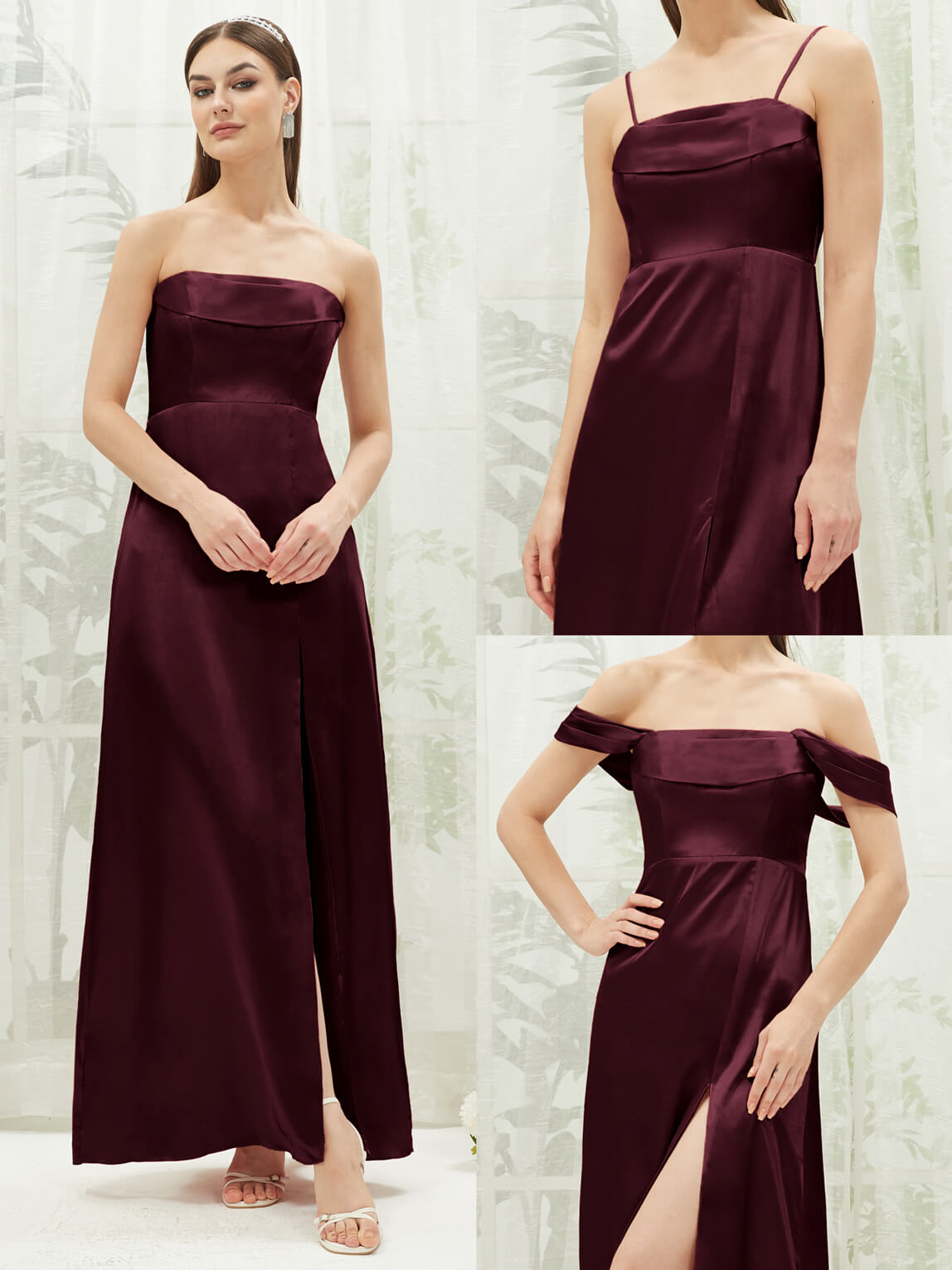 Elegant Cabernet Satin Convertible Slit Floor-Length Bridesmaid Dress - Perfect for Weddings, Formal Events & Special Occasions