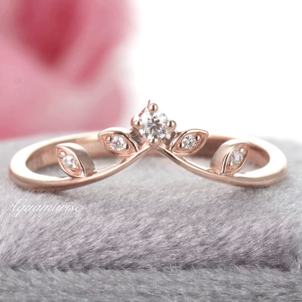 14K Solid Rose Gold Floral Curved Wedding Band with Natural Diamond or Moissanite - Perfect for Engagement Rings, Anniversary Gifts & Bridal Jewelry
