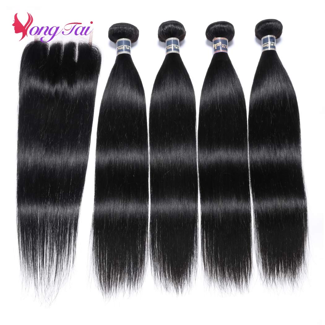 9A Virgin Straight Human Hair Bundles with 3 Part Lace Closure - Unprocessed Malaysian Hair Weave (24