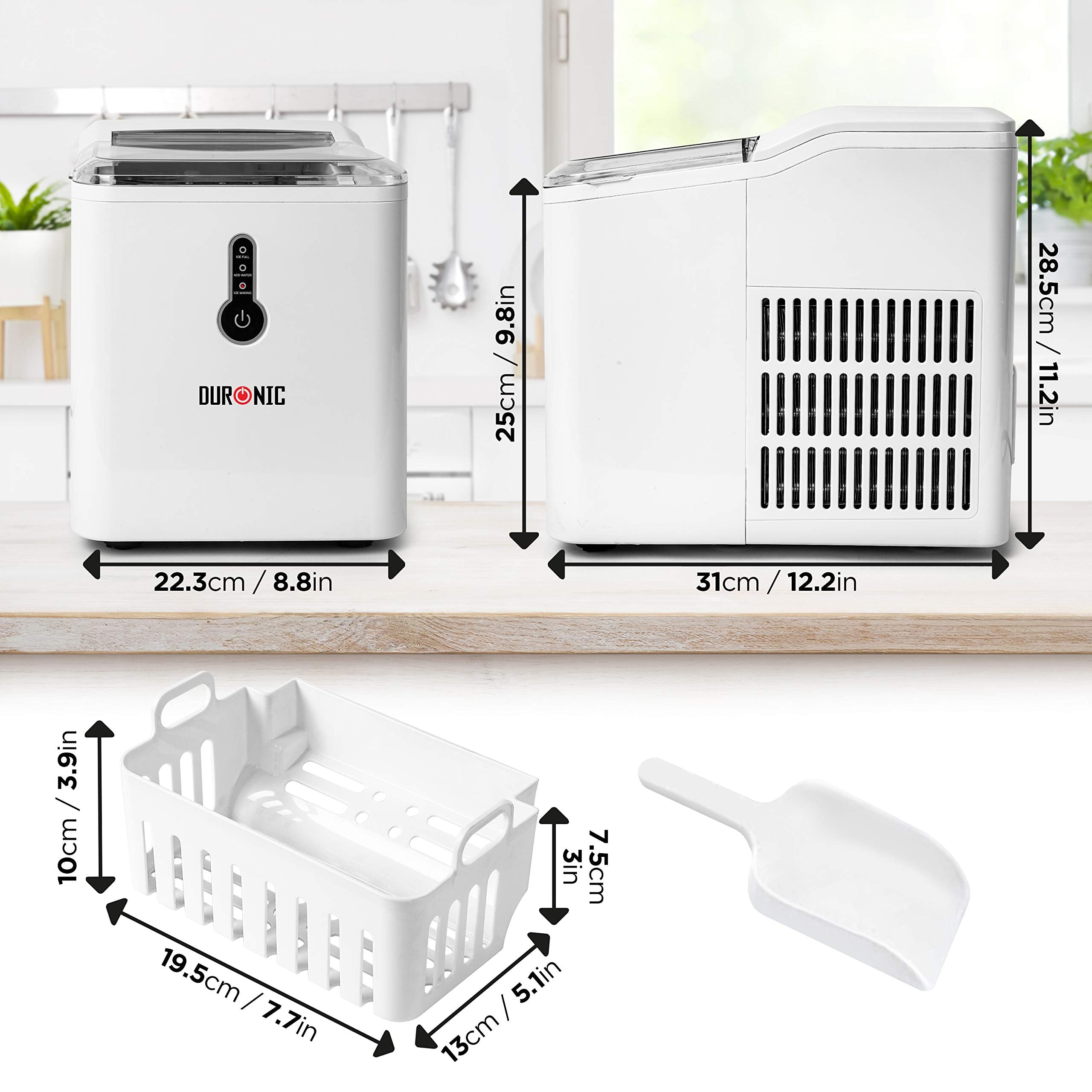 Duronic ICM120 Portable Ice Maker Machine - 12KG/24H Fast Clear Ice Cube Production in 7 Minutes | Self-Cleaning Countertop Ice Maker with Scoop & Basket | Perfect for Home, Office, Bar, RV, BBQ Parties & Outdoor Events | White