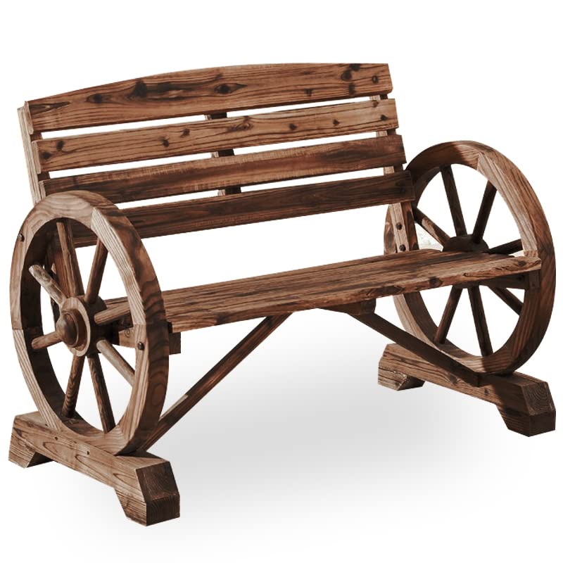 Rustic Wagon Wheel Design Wooden Outdoor Bench - 45