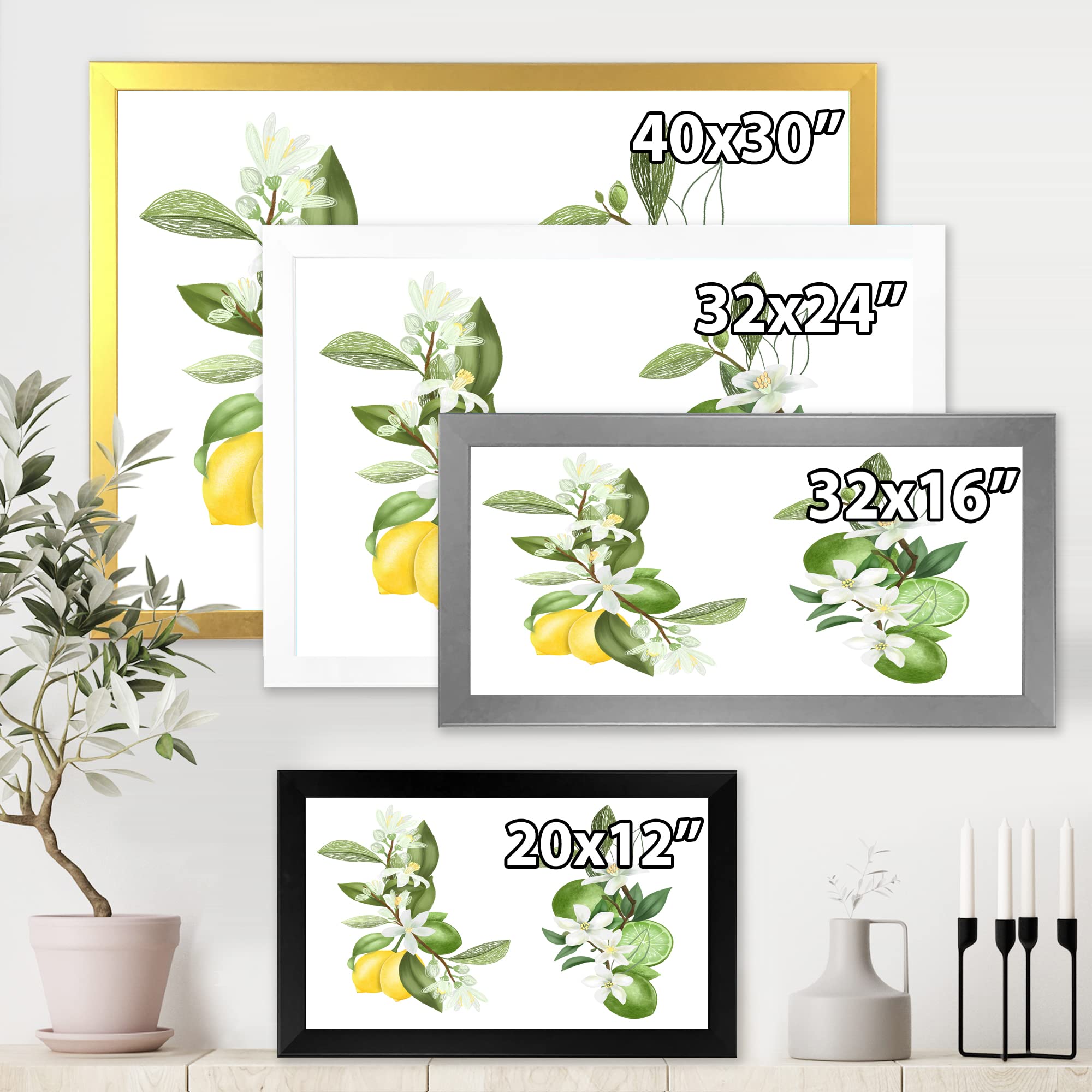 Blooming Lemon Tree Branches Framed Wall Art - Traditional Floral Home Decor for Living Room, Bedroom & Office