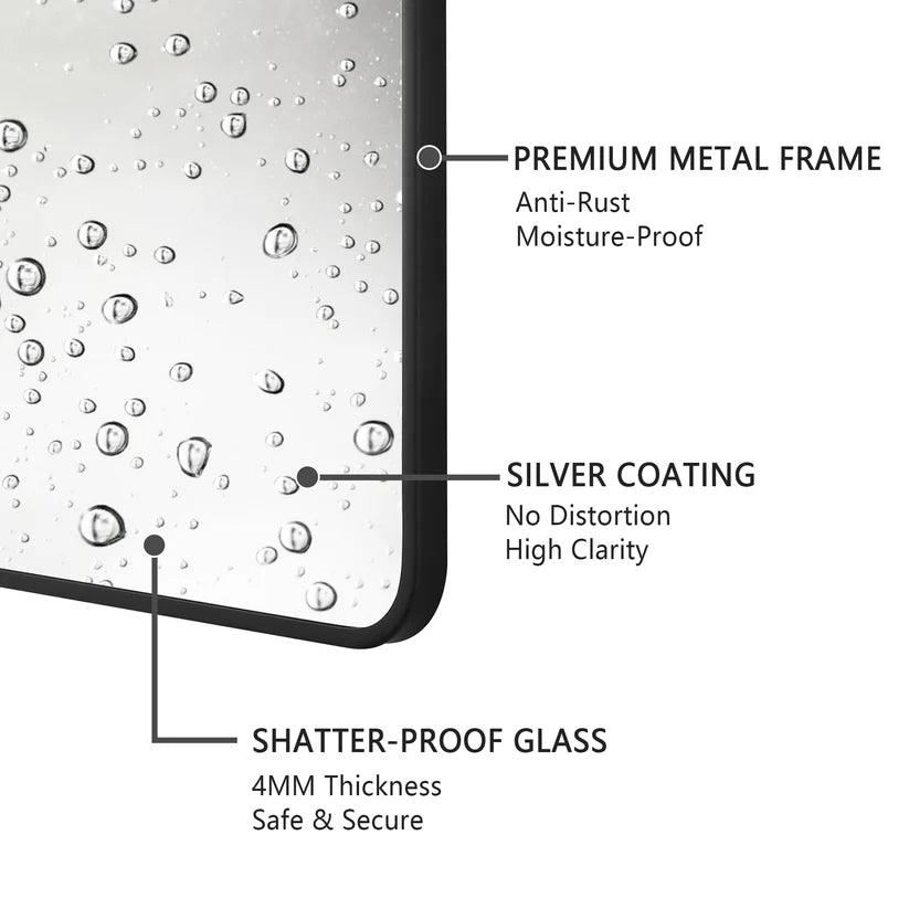 Modern Black Aluminum Framed Wall Mirror - Sleek Soft Corner Design for Living Room, Bedroom & Bathroom Decor | Home & Office Interior Accent Mirror