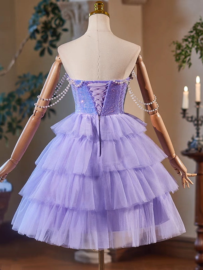 Elegant A-Line Tulle Sequin Purple Short Prom Dress | Sparkling Homecoming Dress for Teens | Perfect for Parties, Dances & Special Occasions