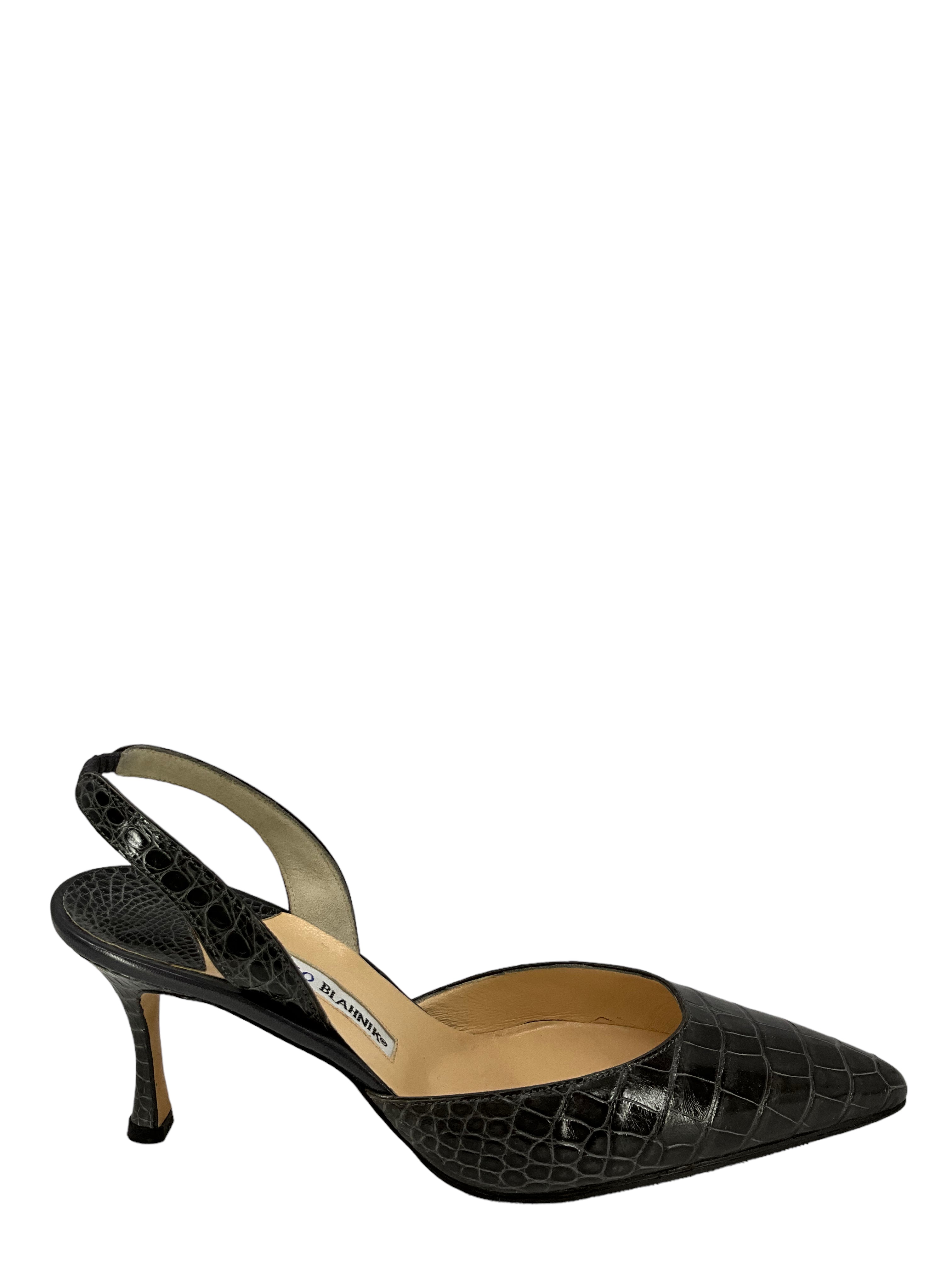 Manolo Blahnik Gray Alligator Leather Slingback Heels Women's Size 11 - Perfect for Evening Parties & Special Occasions