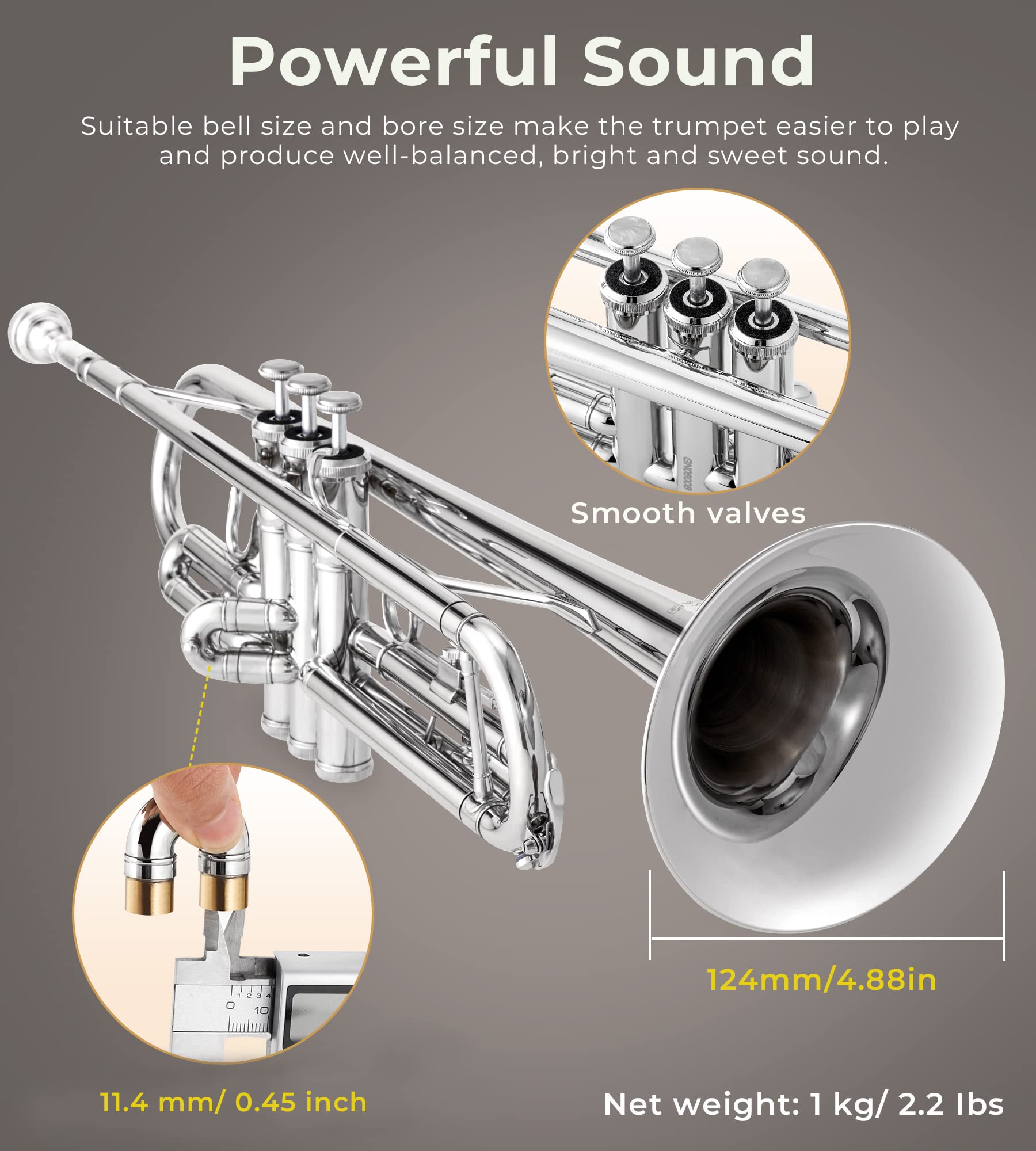 Vangoa Bb Standard Trumpet - Professional Brass Silver Student Trumpet Instrument for School Band & Orchestra | Beginner & Adult Players | Includes Hard Case, Cleaning Kit, Stand, 7C Mouthpiece, Gloves & Valve Oil | Perfect for Music Lessons, Performances & Practice Sessions
