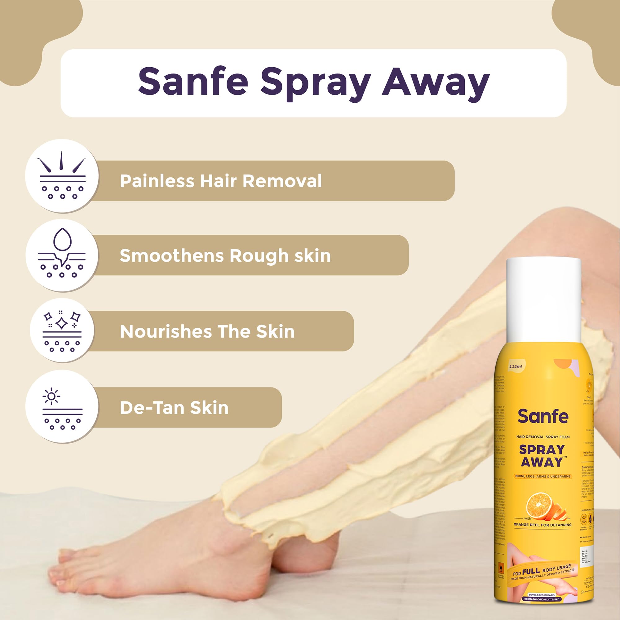 Sanfe Painless & Detan Hair Removal Spray Cream - 112ml | Fast Hair Remover for Chest, Legs, Arms & Underarms | Works in 10 Minutes with Skin Brightening | Enriched with Orange Peel, Aloe Vera, Vitamin E & Niacinamide | Perfect for Smooth Skin Before Beach Trips & Summer Outfits