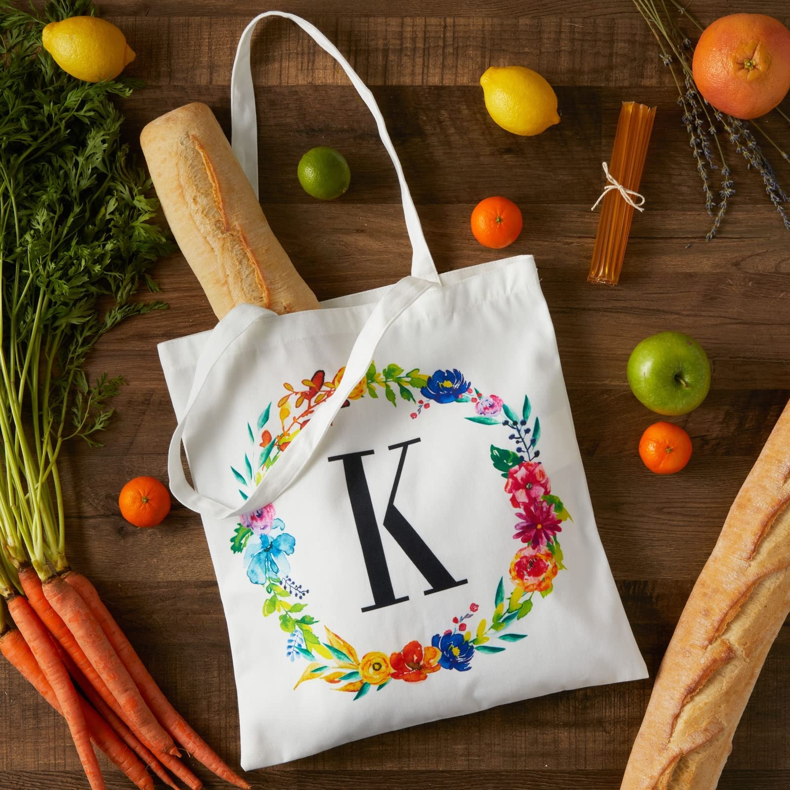 Personalized Monogram Letter Tote Bags for Women - Set of 2 Reusable Floral Design Shopping Bags (29 Inches) - Perfect for Grocery Shopping, Beach Trips & Daily Errands