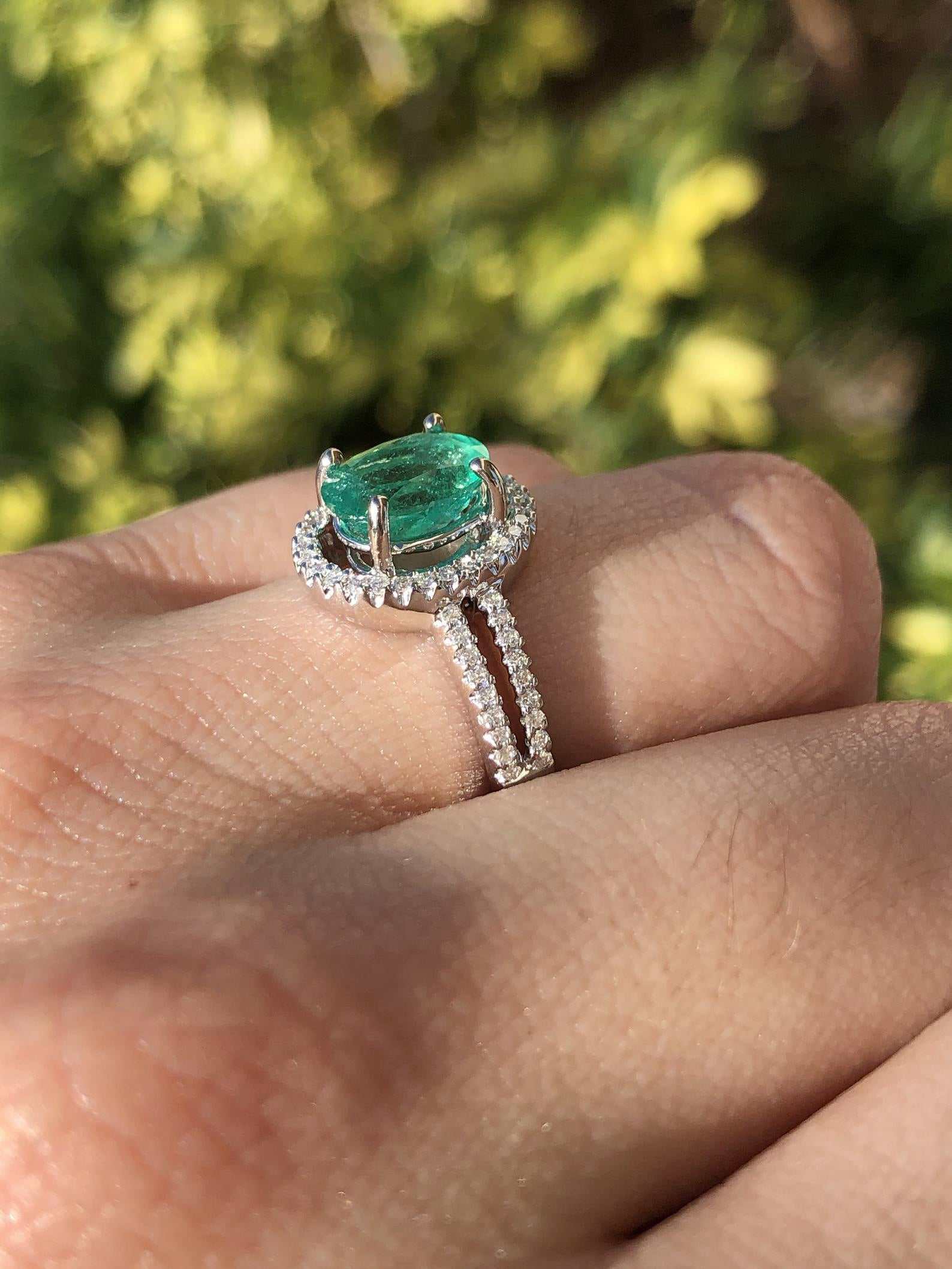 2.40tcw Natural Emerald Oval & Diamond Halo Split Shank Engagement Ring 14K White Gold - Elegant Wedding Band, Anniversary Gift for Her, Perfect Proposal Jewelry for Special Occasions