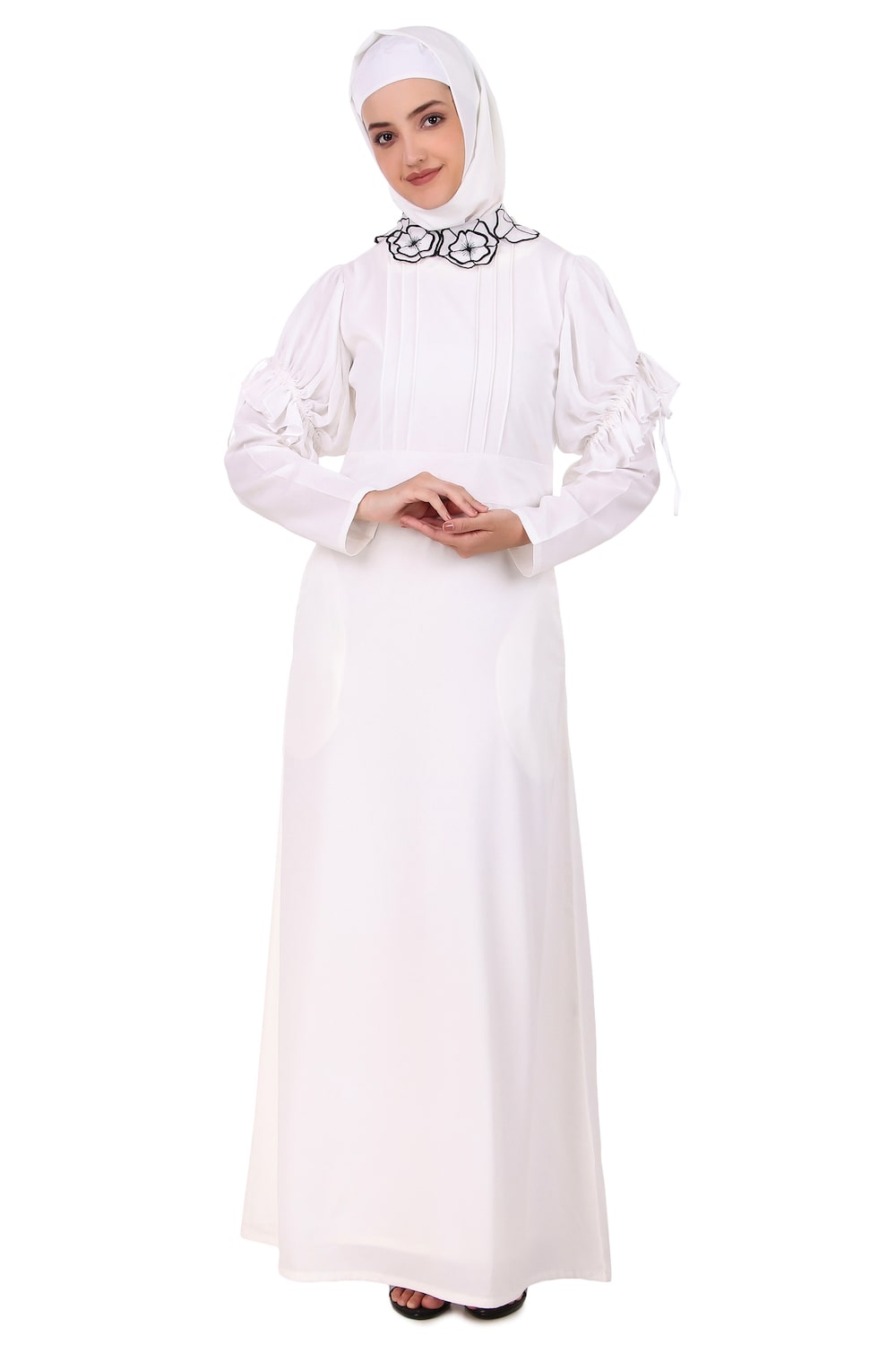 Elegant White Embroidered Floral Neck Abaya Dress for Women - Perfect for Prayer, Eid, and Special Occasions