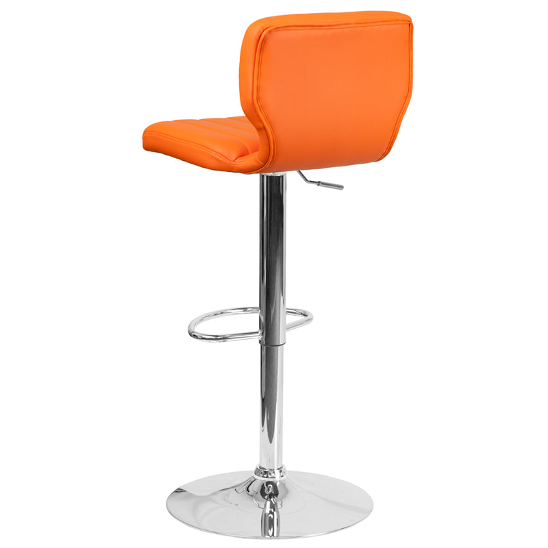 FLASH Jeremy Contemporary Orange Vinyl Adjustable Height Bar Stool with Vertical Stitch Back & Chrome Base - Modern Kitchen Island & Home Bar Seating