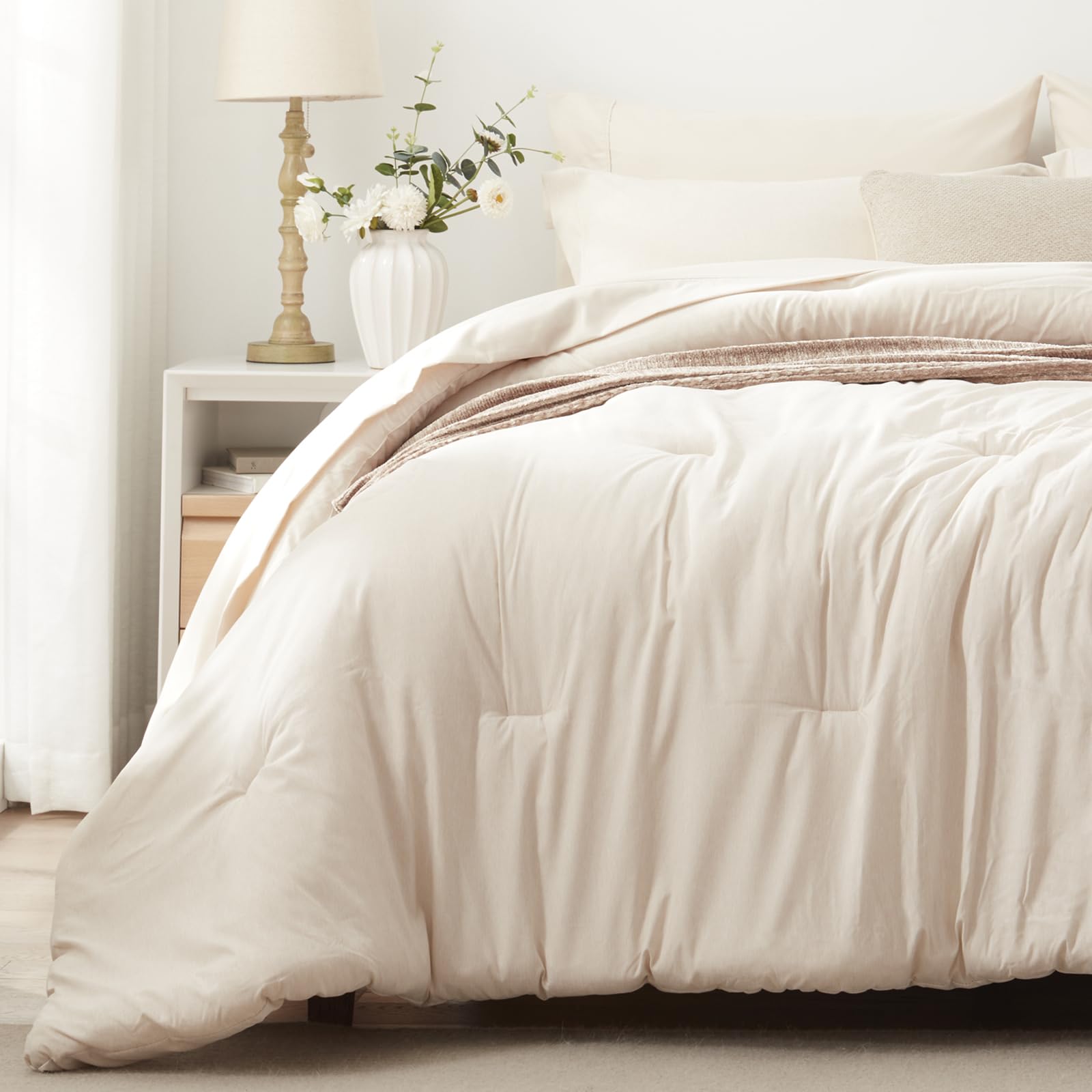 UNILIBRA 7-Piece Queen Comforter Set - All Seasons Soft Beige Bedding | Cationic Dyeing Comforter, Flat Sheet, Fitted Sheet, Pillowcases & Shams | Perfect for Master Bedroom, Guest Room & Vacation Homes