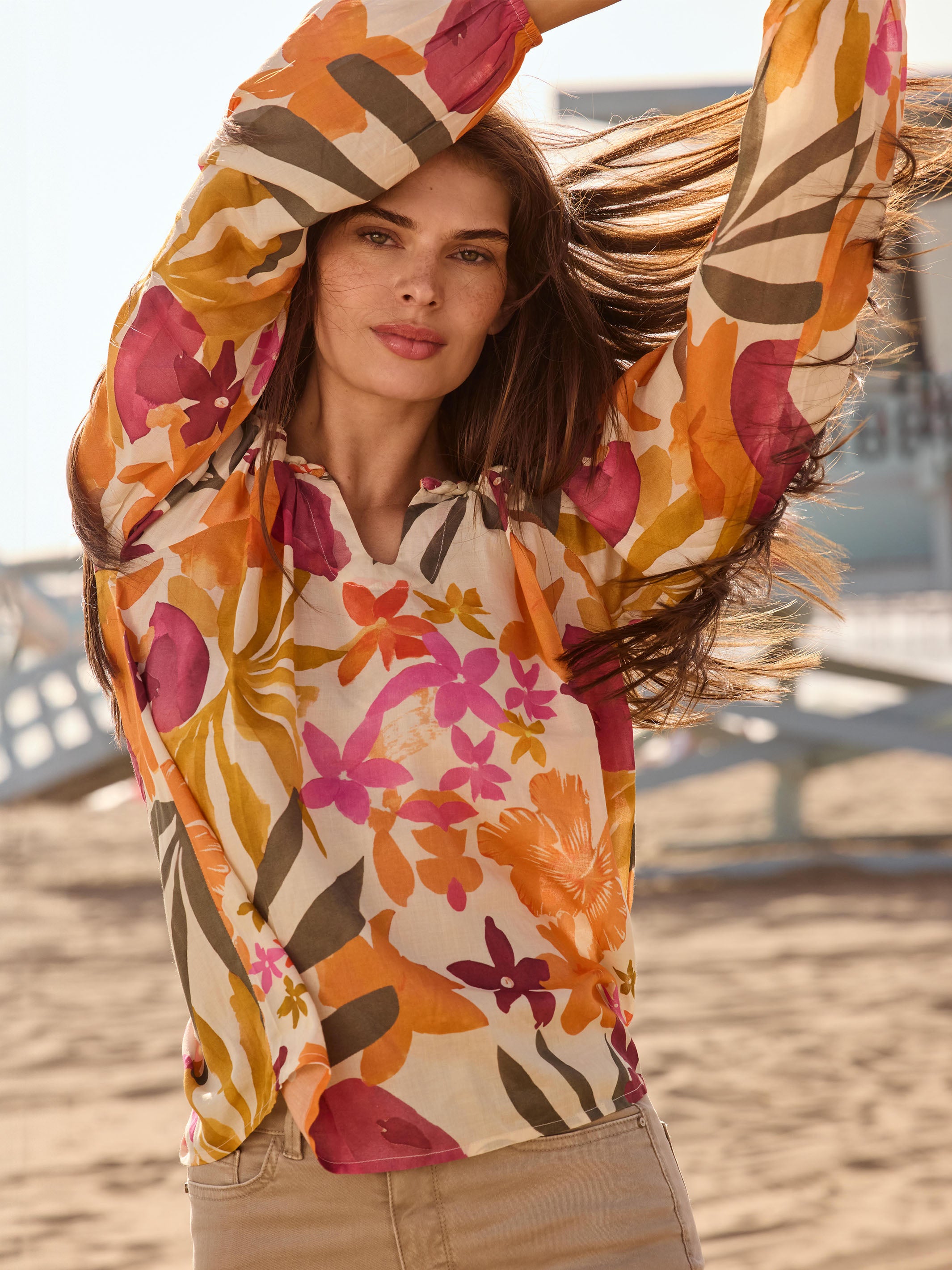 Printed Viscose Long Sleeve Popover Blouse - Floral Bouquet Design Women's Tops for Work, Office & Casual Wear
