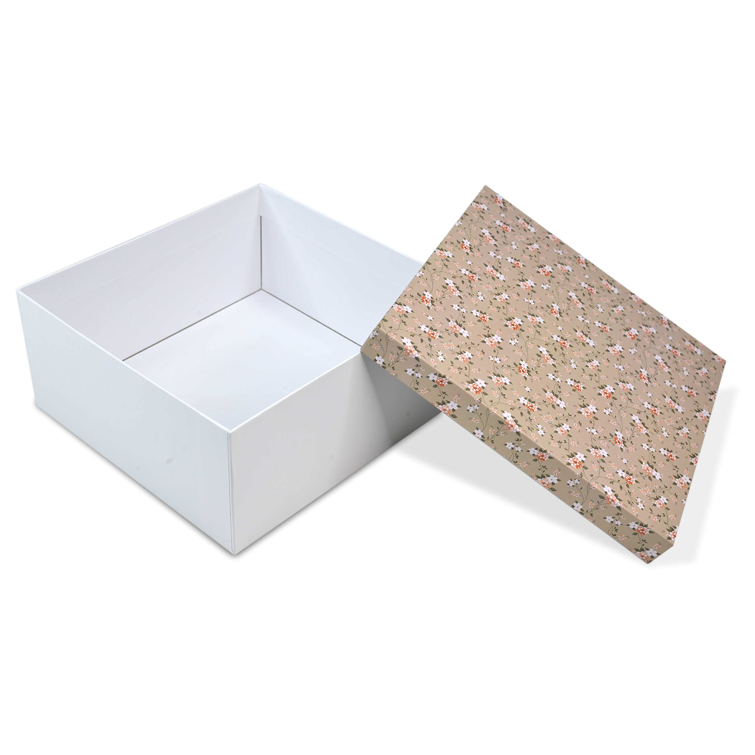 Premium Rigid Mini Gift Box 23x22x10cm - 3kg Capacity, Light Brown Floral Design - Multipurpose Packaging for Jewelry, Cosmetics, Wedding Favors & Corporate Gifts - Eco-Friendly Cardboard Gift Hamper Box (1 Pack)