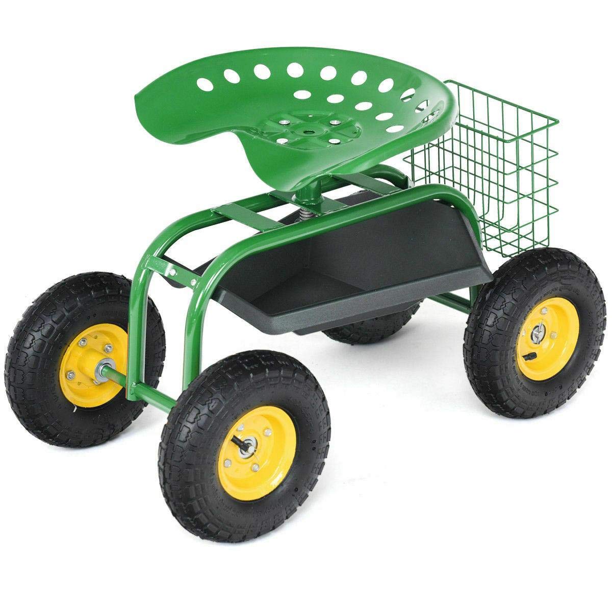 Heavy Duty Garden Cart with Rolling Work Seat & Tool Tray - Multi-Functional Gardening Bench, Kneeler, and Stool for Planting, Weeding & Outdoor Work | Perfect for Backyard, Lawn Care & Landscaping