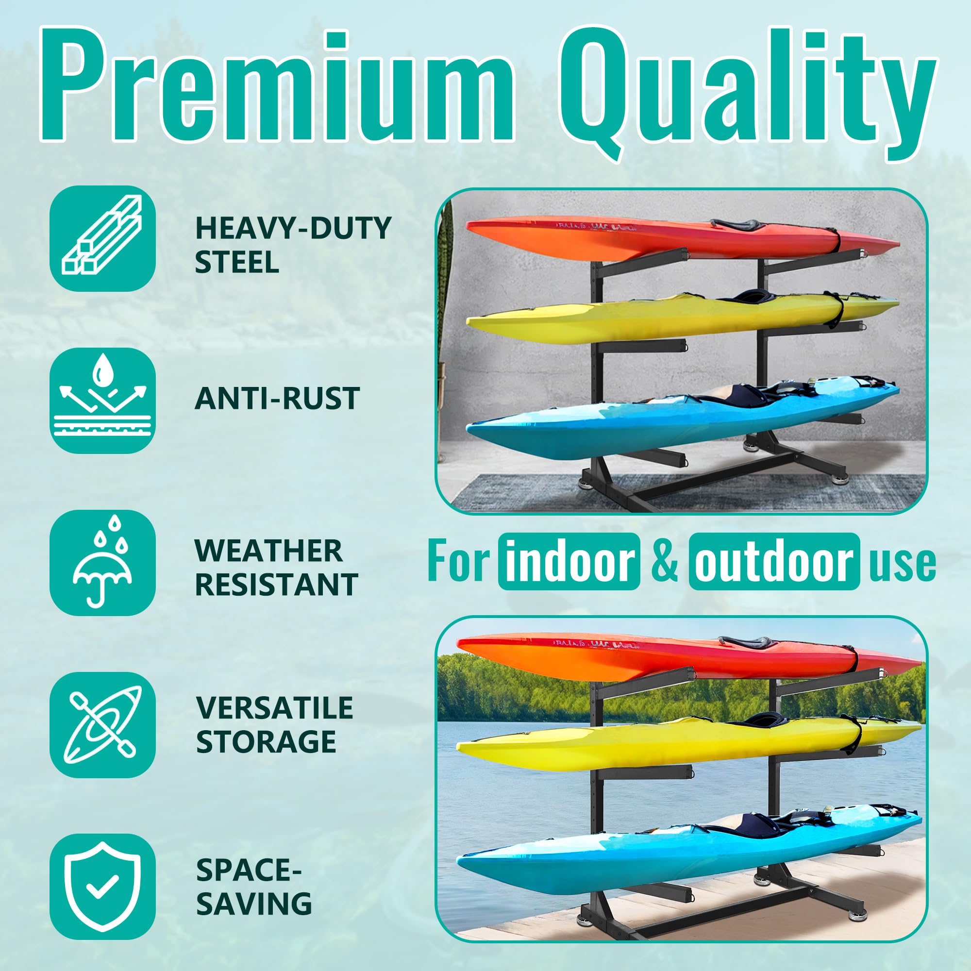 Heavy Duty 3-Tier/2-Tier Kayak Storage Rack - Freestanding Stand Up Paddleboard & Surfboard Holder for Garage, Backyard or Dock Organization