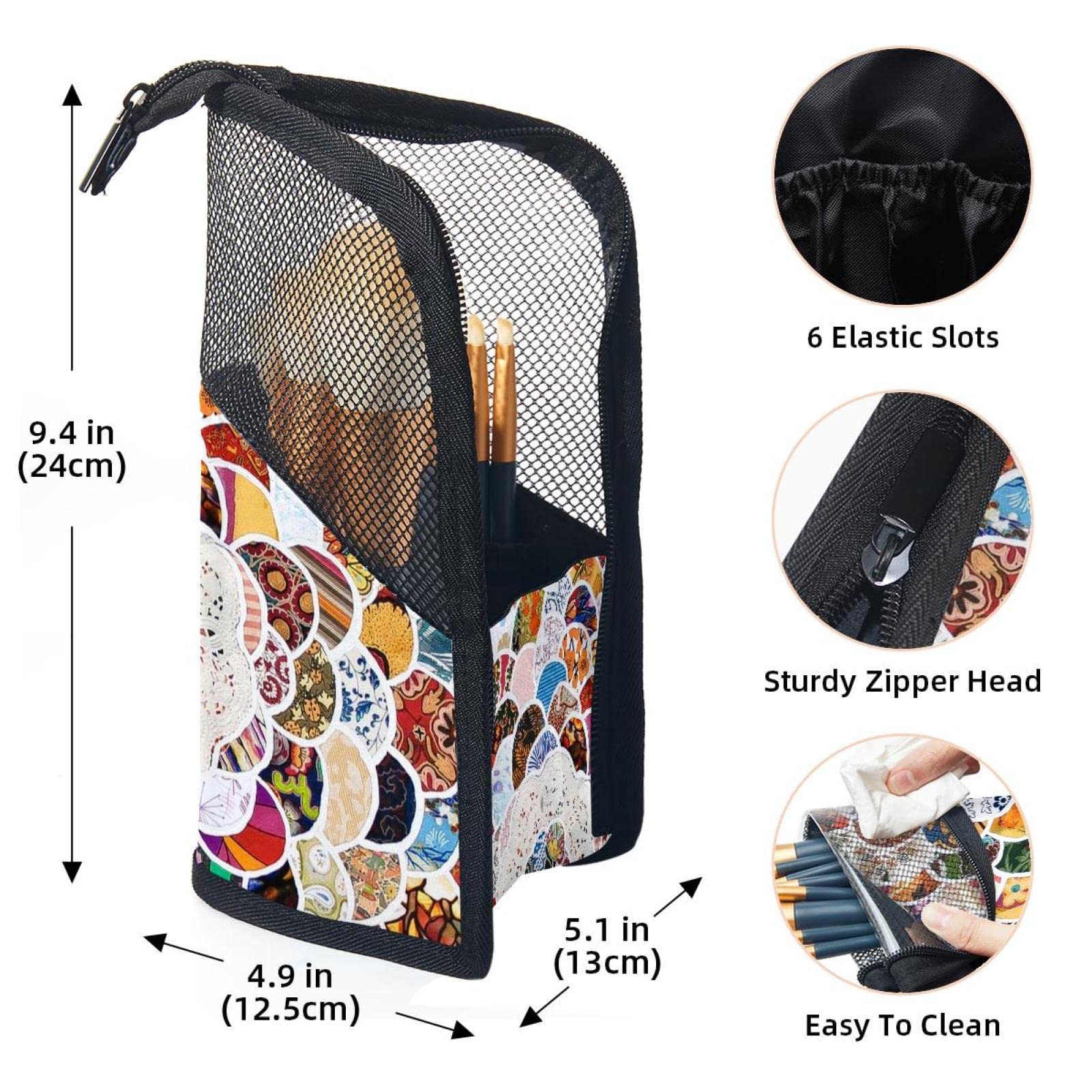 Premium Makeup Brush Organizer Bag with 12 Brushes - Abstract Mandala Flower Design - Portable Cosmetic Brush Holder Case for Travel, Home Vanity & Professional Makeup Artists