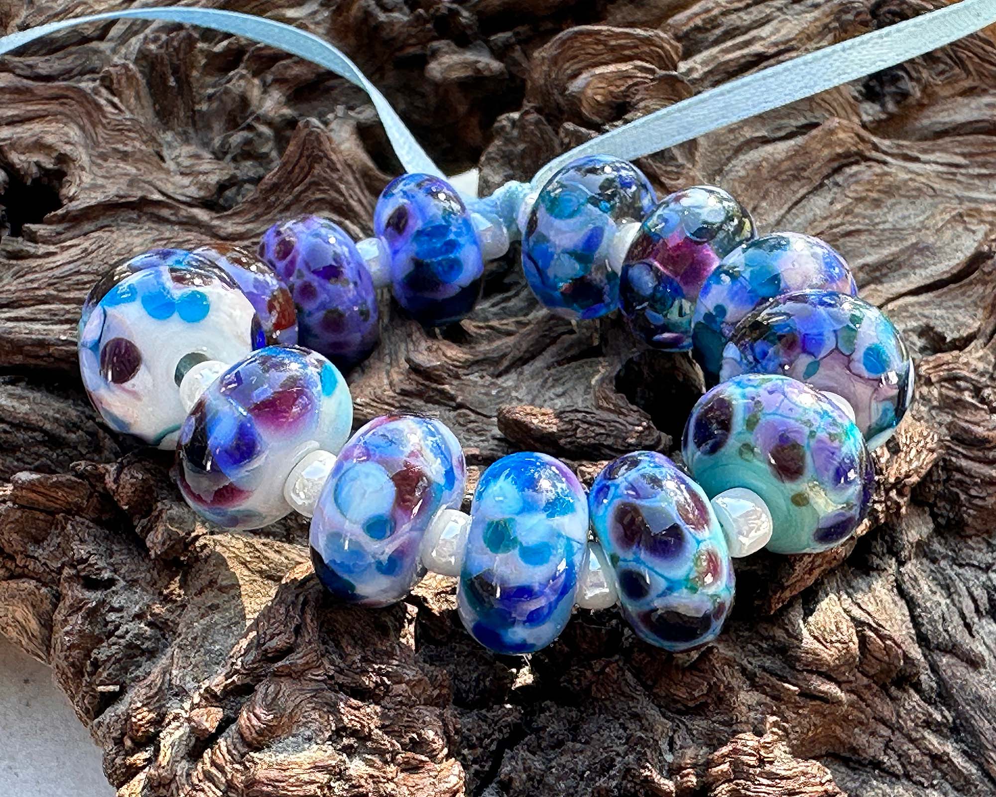 14pcs Blue Mosaic Glass Lampwork Beads for Jewelry Making - DIY Bracelet, Necklace Craft Supplies - Perfect for Boho Style Accessories & Gift Making