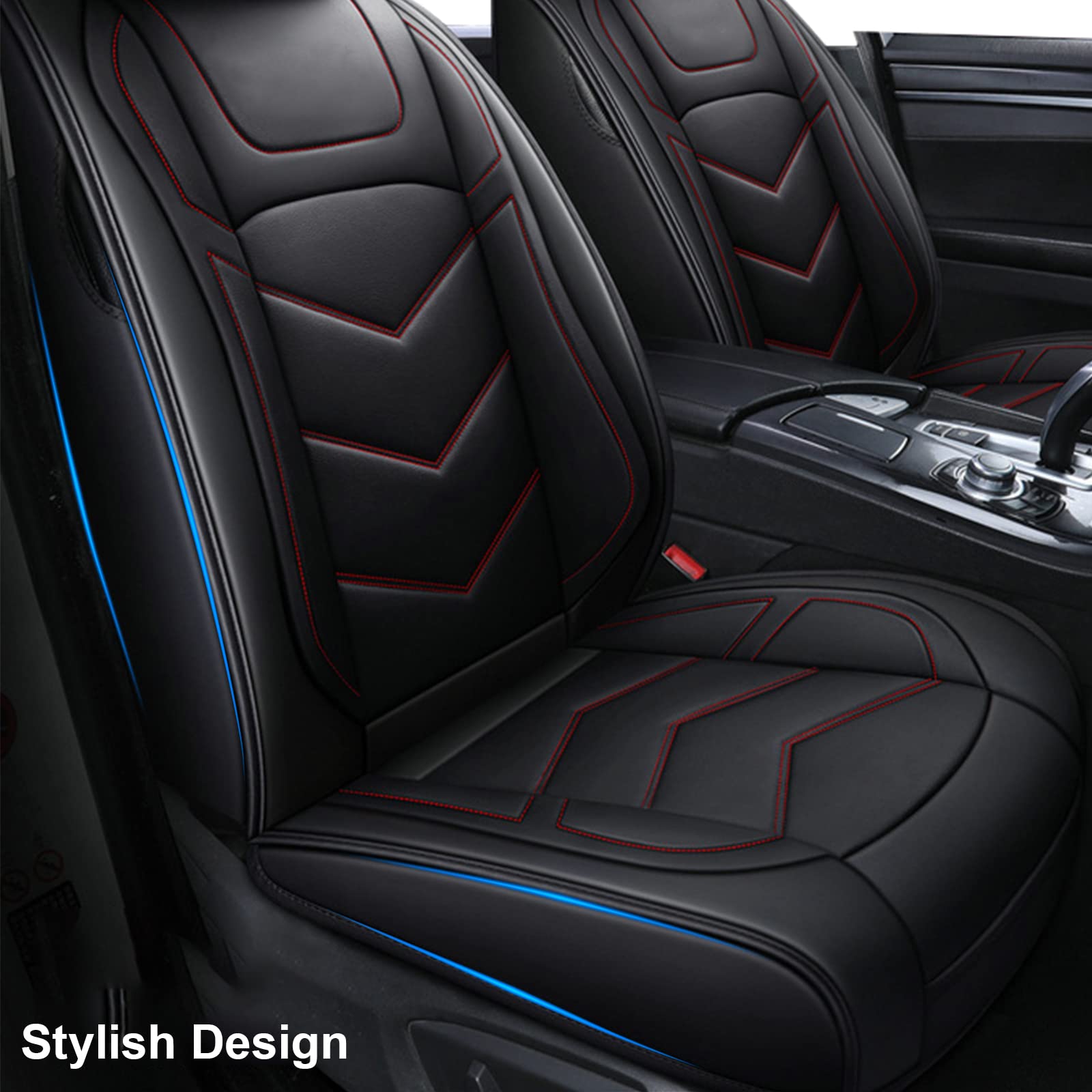 Universal 5-Seat Car Seat Covers - Waterproof Faux Leather Full Set (Front & Rear) for Hyundai Elantra, Subaru Impreza, Chevy Equinox & Toyota - Black & Red - Perfect for Daily Commute, Road Trips & Pet Protection