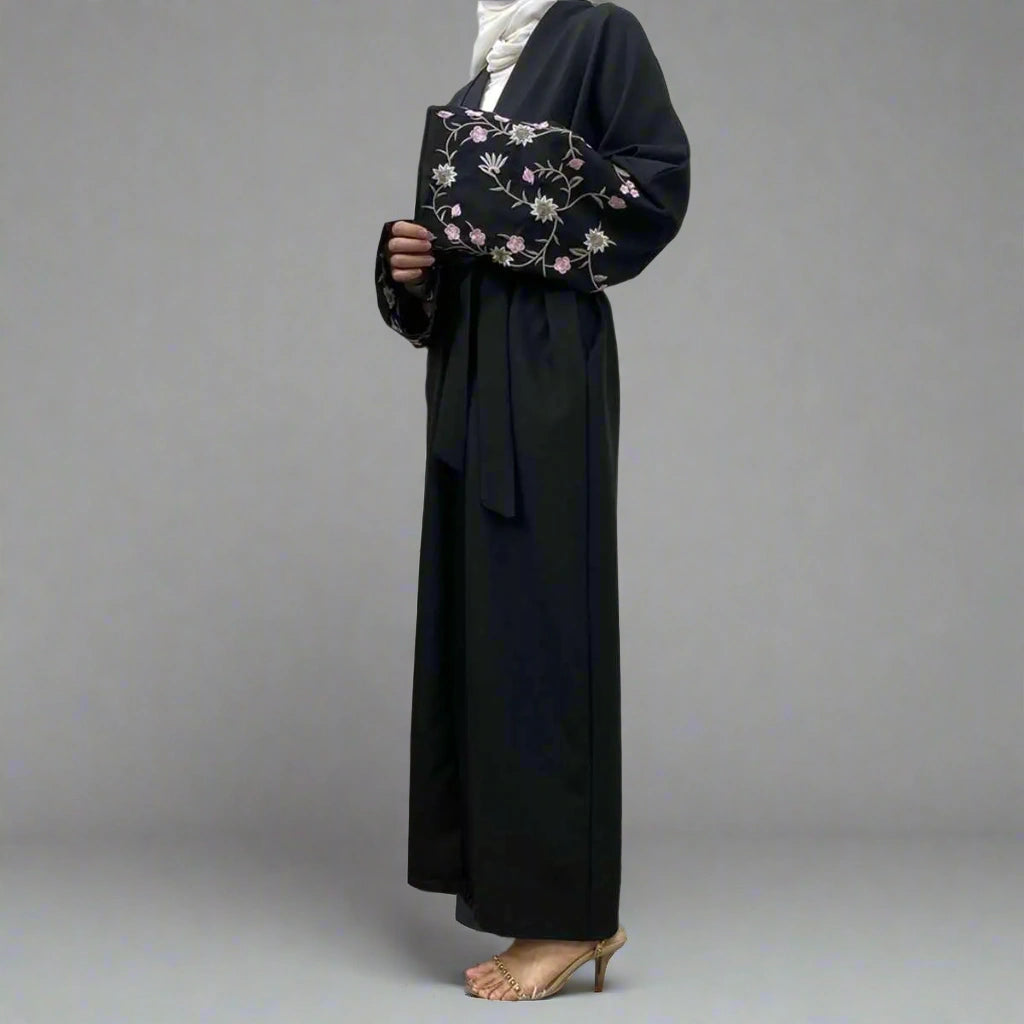Floral Embroidery Sleeve Open Abaya Dress - Elegant Muslim Women's Kaftan for Prayer, Wedding & Special Occasions
