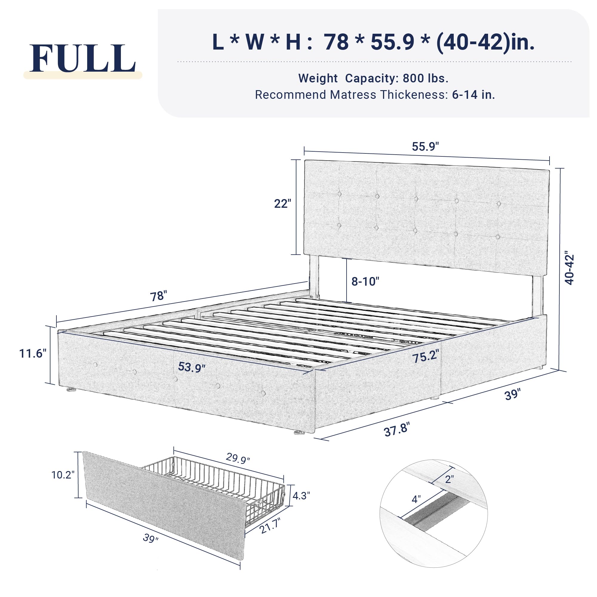 Allewie Full Size Upholstered Platform Bed Frame with 4 Storage Drawers & Headboard - Square Stitched Button Tufted Design, Wooden Slat Support (No Box Spring Needed) - Dark Grey - Perfect for Small Bedrooms, Guest Rooms & Space-Saving Storage Solutions