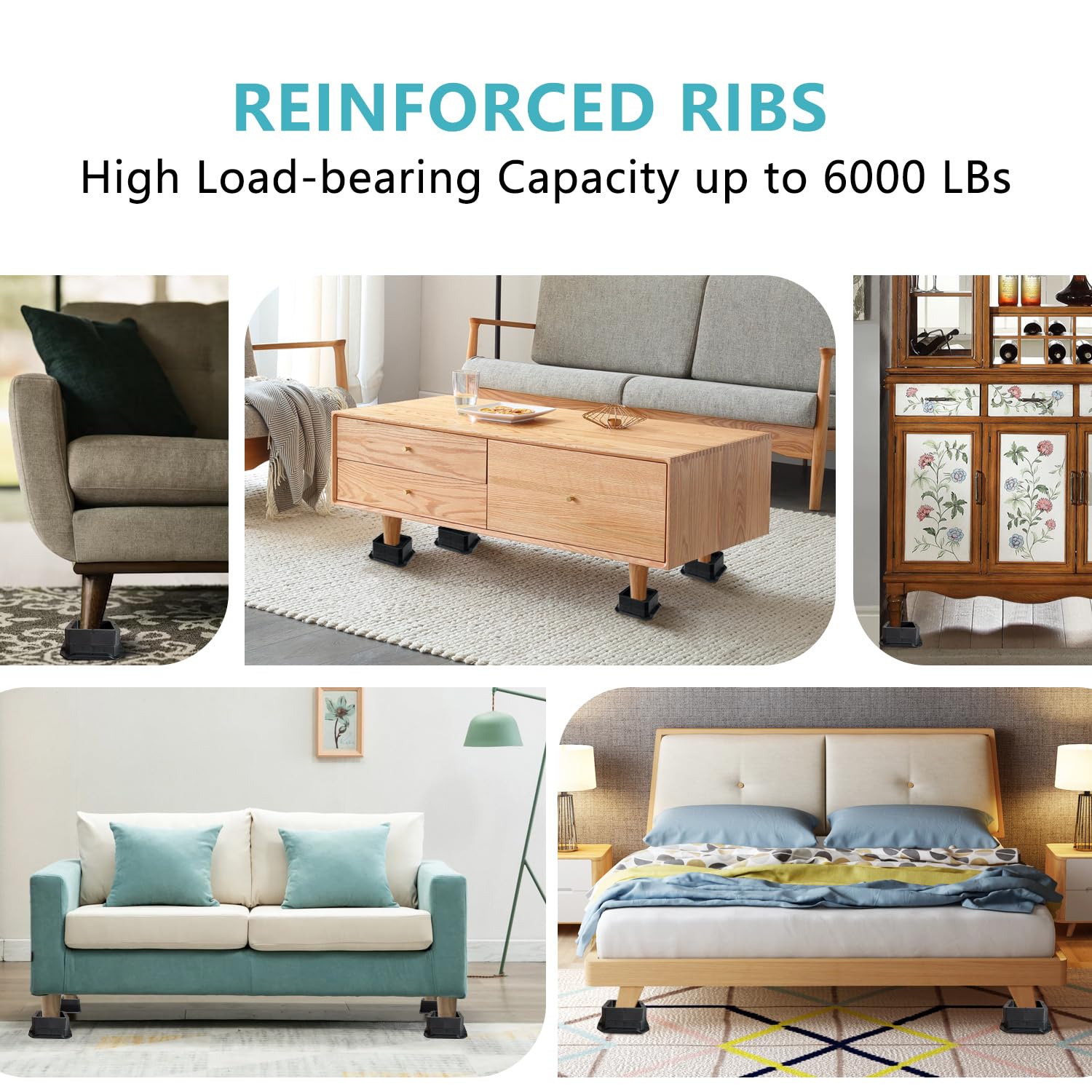 Heavy Duty 1 Inch Bed Risers - Sturdy Bed Frame Lifts for Table, Couch & Dorm Use - Black - Perfect for Extra Storage Space & Adjustable Height (Set of 4)
