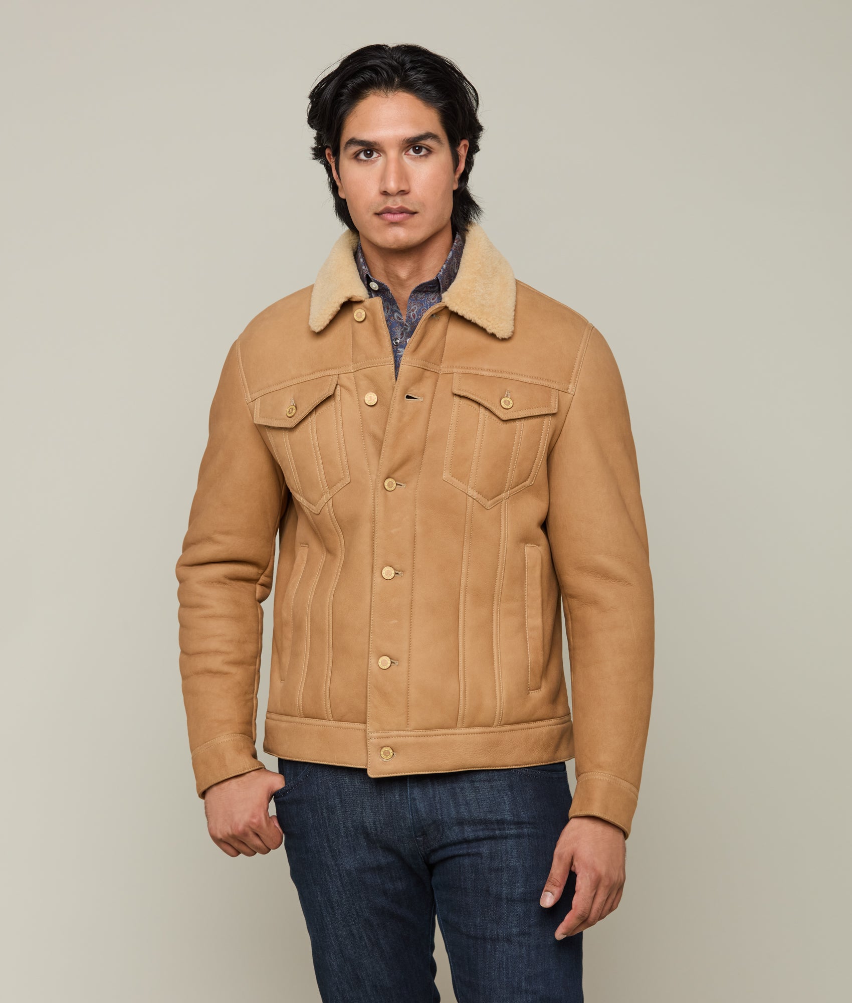 Kyle Shearling Trucker Jacket - Natural Brown Distressed Leather Jacket for Men | Winter Fashion, Motorcycle Riding, Casual Outfit