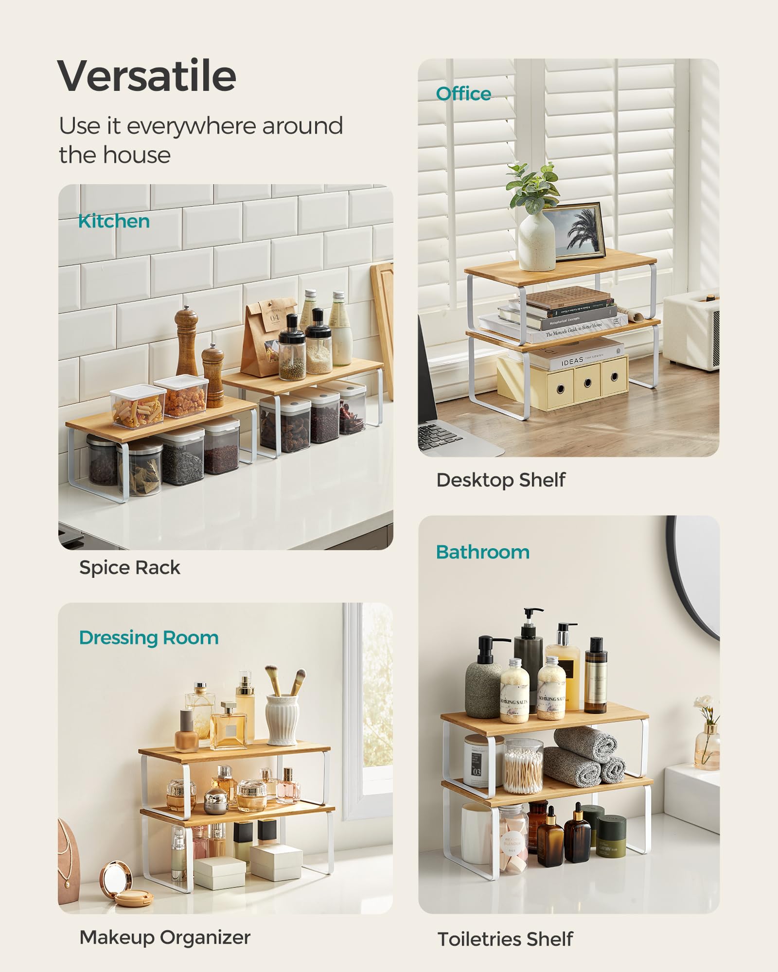 SONGMICS 2-Pack Stackable Expandable Kitchen Cabinet Organizer Shelf - Metal & Engineered Wood Spice Rack Storage for Countertops - Cloud White & Natural Beige (UKCS200W01) - Perfect for Pantry, Bathroom & Small Space Organization