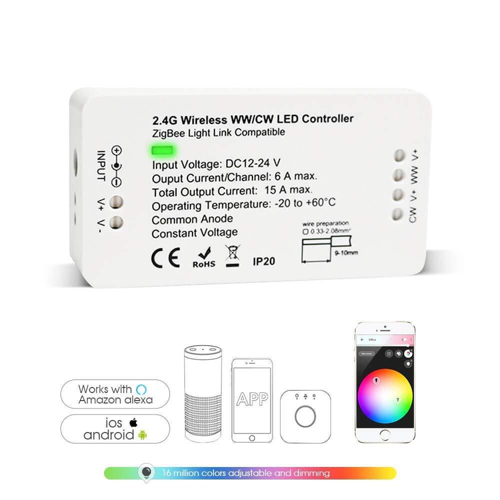 Zigbee Smart LED Strip Light Controller - Dual White, Compatible with Amazon Echo Plus, Works with 12-24V DC LED Strips - Perfect for Home Theater, Bedroom, and Party Lighting