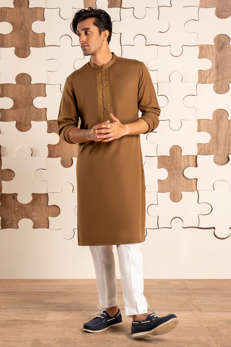 Stylish Blended Brown Kurta by J. Junaid Jamshed - Comfortable Cotton Ethnic Wear for Men - Perfect for Festivals, Weddings & Casual Outings
