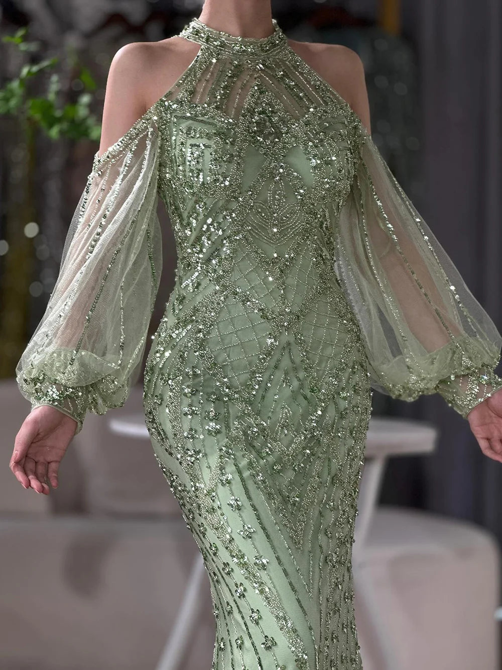 Elegant Sage Green Beaded Halter Neck Mermaid Evening Dress for Women - Luxury Dubai Formal Gown for Weddings, Prom, and Special Occasions - Saudi LA72737