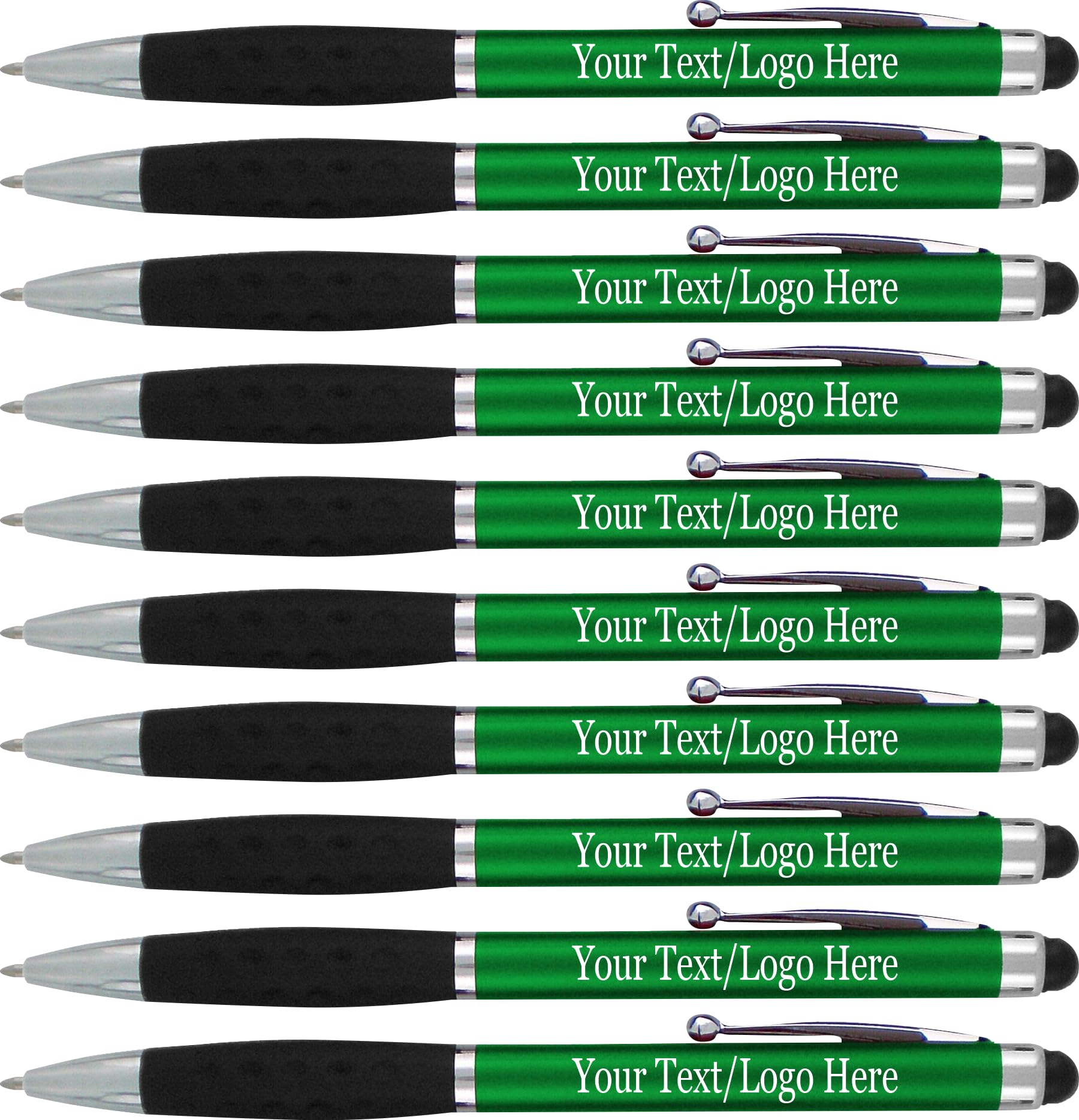 Custom Logo Stylus Pens - 300 Pack Bulk for Business Promotions, Corporate Events & Giveaways - 2-in-1 Ballpoint Pen & Touchscreen Stylus - Green Barrel with Black Ink - Perfect for Trade Shows, Conferences & Employee Gifts