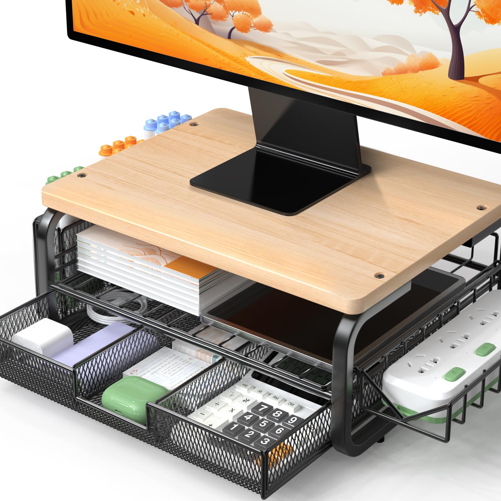 Premium Wooden Monitor Stand Riser with Storage Drawer - Large Desk Organizer with Plug & Pen Holders - Ergonomic Laptop/iMac Riser for Home & Office Workspace (Natural Wood Finish)