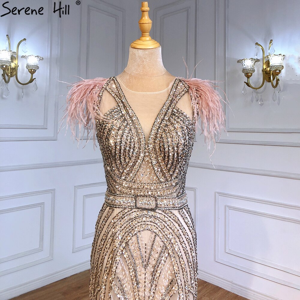 Serene Hill Luxury Mermaid Evening Gowns for Women - Elegant Feather & Beaded Nude Dresses 2025 Collection | Perfect for Prom, Gala, Wedding & Formal Parties (LA71340)