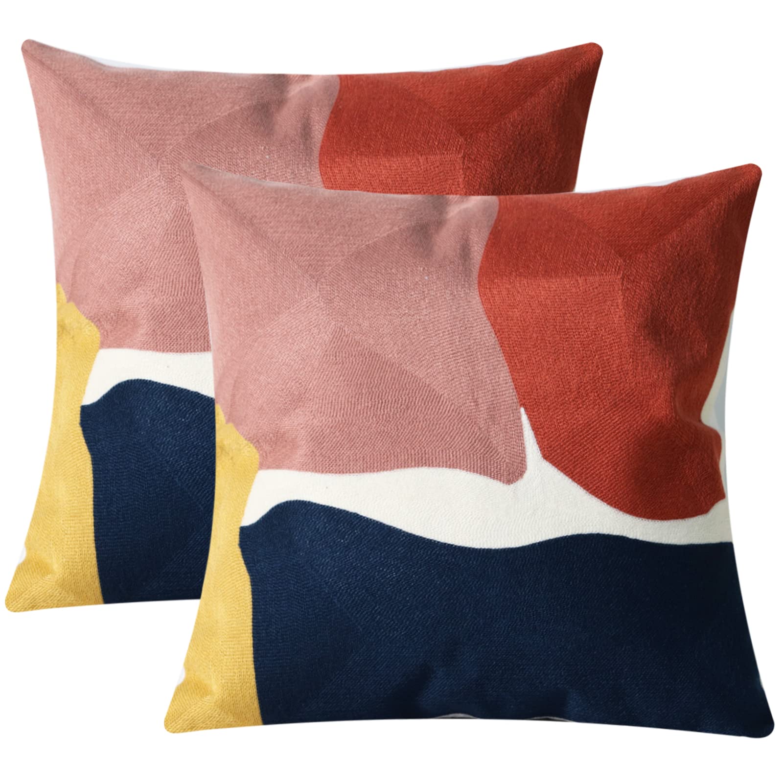 Pilmandu 2-Pack Embroidered Decorative Square Pillow Covers 18x18 Inch - Red & Navy Blue Throw Pillow Cases for Couch, Sofa, Farmhouse, Patio & Garden Chairs | Perfect for Living Room Decor, Outdoor Seating & Home Styling