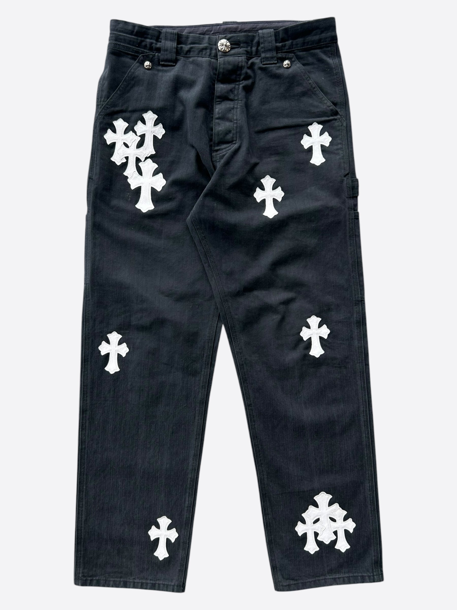 Chrome Hearts Black & White Carpenter Pants for Men - High Quality Denim Work Pants with Adjustable Waist - Perfect for Construction, Workwear & Street Style Fashion