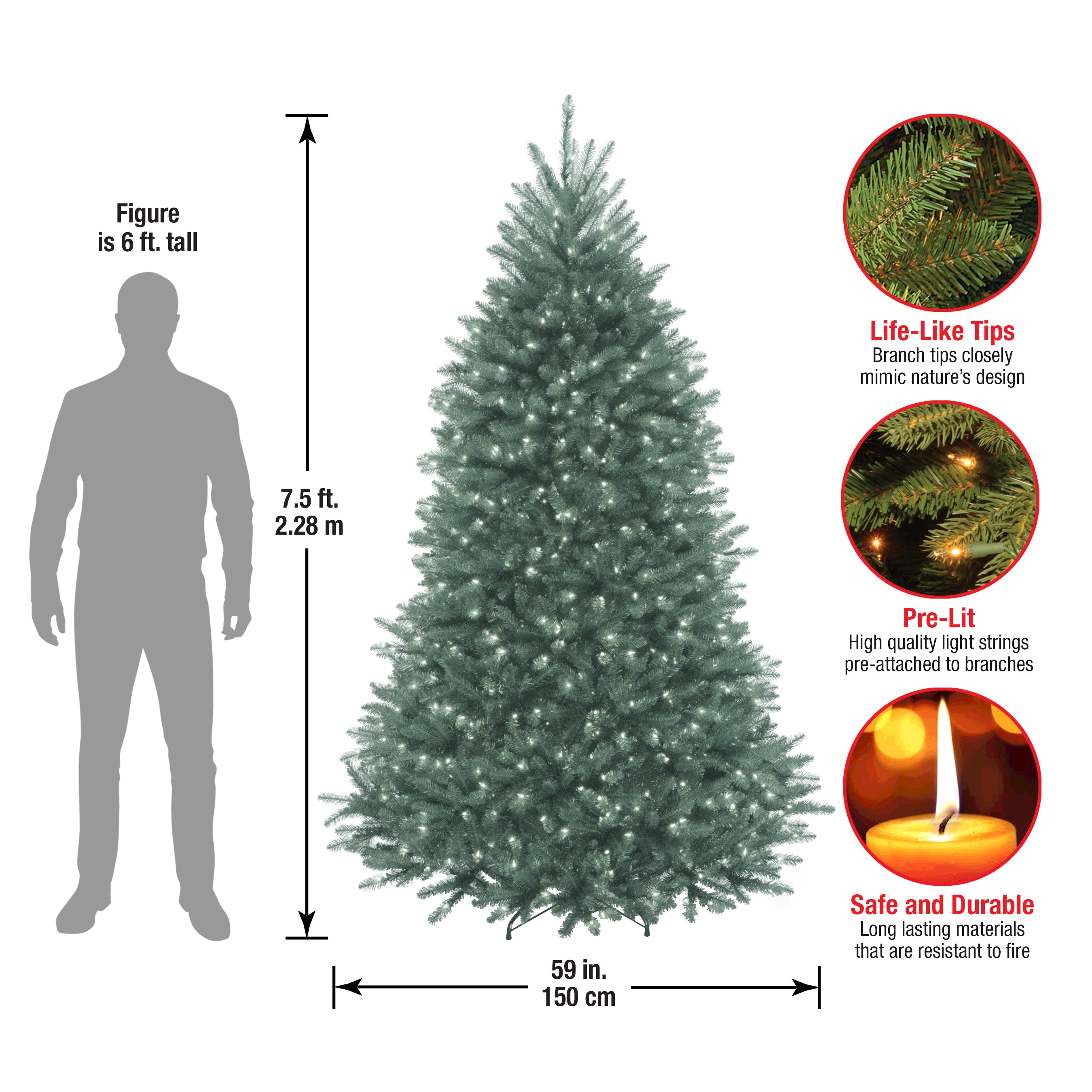 7.5 ft Pre-Lit Dunhill Fir Artificial Christmas Tree with 600 Clear LED Lights - Perfect for Home, Office, and Holiday Decorations
