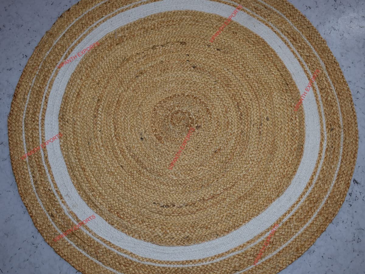 Vipanth Natural Jute Rug Handmade Round Area Rug - 12 Feet (144x144 Inches) Braided Home Decor Rug in Beige & White - Perfect for Living Room, Bedroom or Boho Style Decor