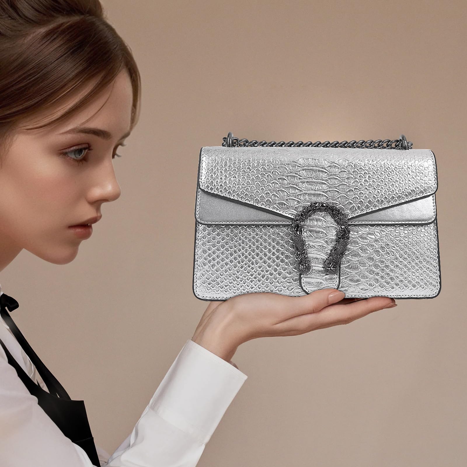 Women's Crossbody Chain Purse - Crocodile Leather Clutch Bag for Evening & Party